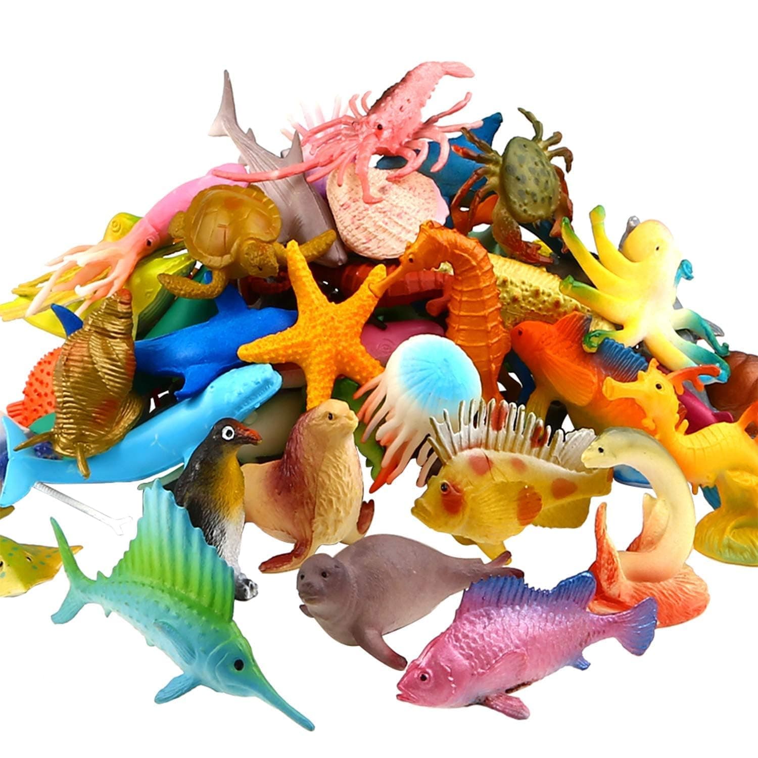 Ocean Sea Animal, 52 Pack Assorted Mini Vinyl Plastic Animal Set, Funcorn Toys Realistic Animal Bath Toy for Kid Toddler Child Boy Girl Educational Party Favours Cake Cupcake Topper,Octopus Shark