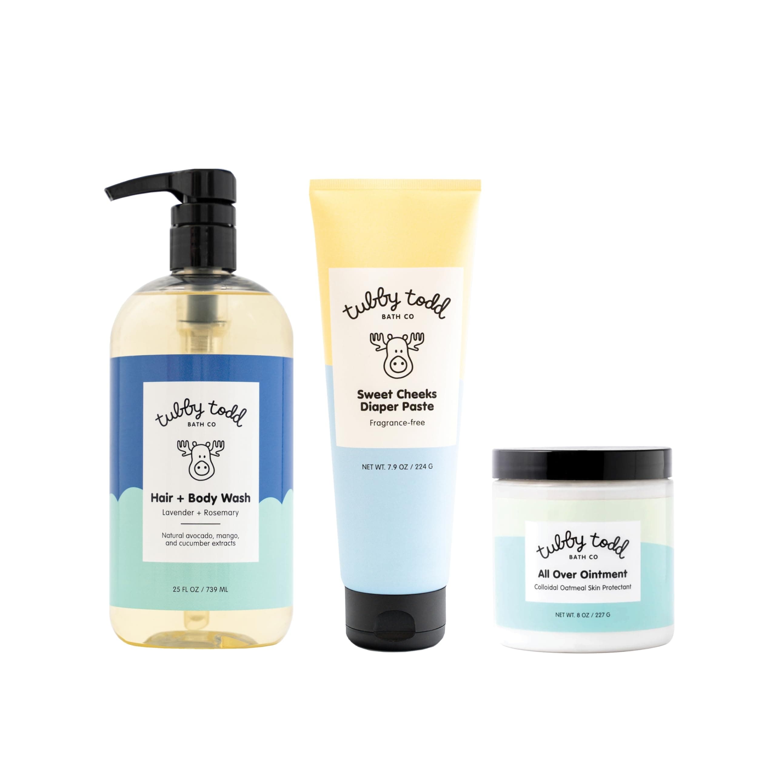 TUBBY TODD Baby Bundle Newborn Skin Care Set - Hypoallergenic Hair + Body Wash, All Over Ointment with Colloidal Oatmeal, Sweet Cheeks Diaper Paste - Lavender Rosemary, Full Size