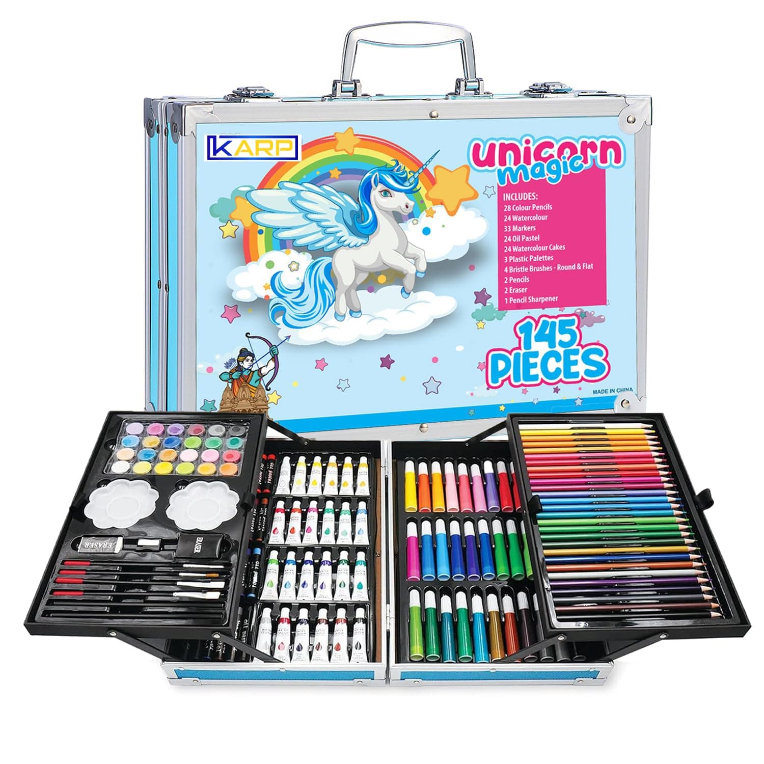 KARP 145 Pcs Children Deluxe Art Drawing Set for Kids Case Studio Art and Craft Supplies Drawing and Painting Set Great Gift (Unicorn Design-Blue)