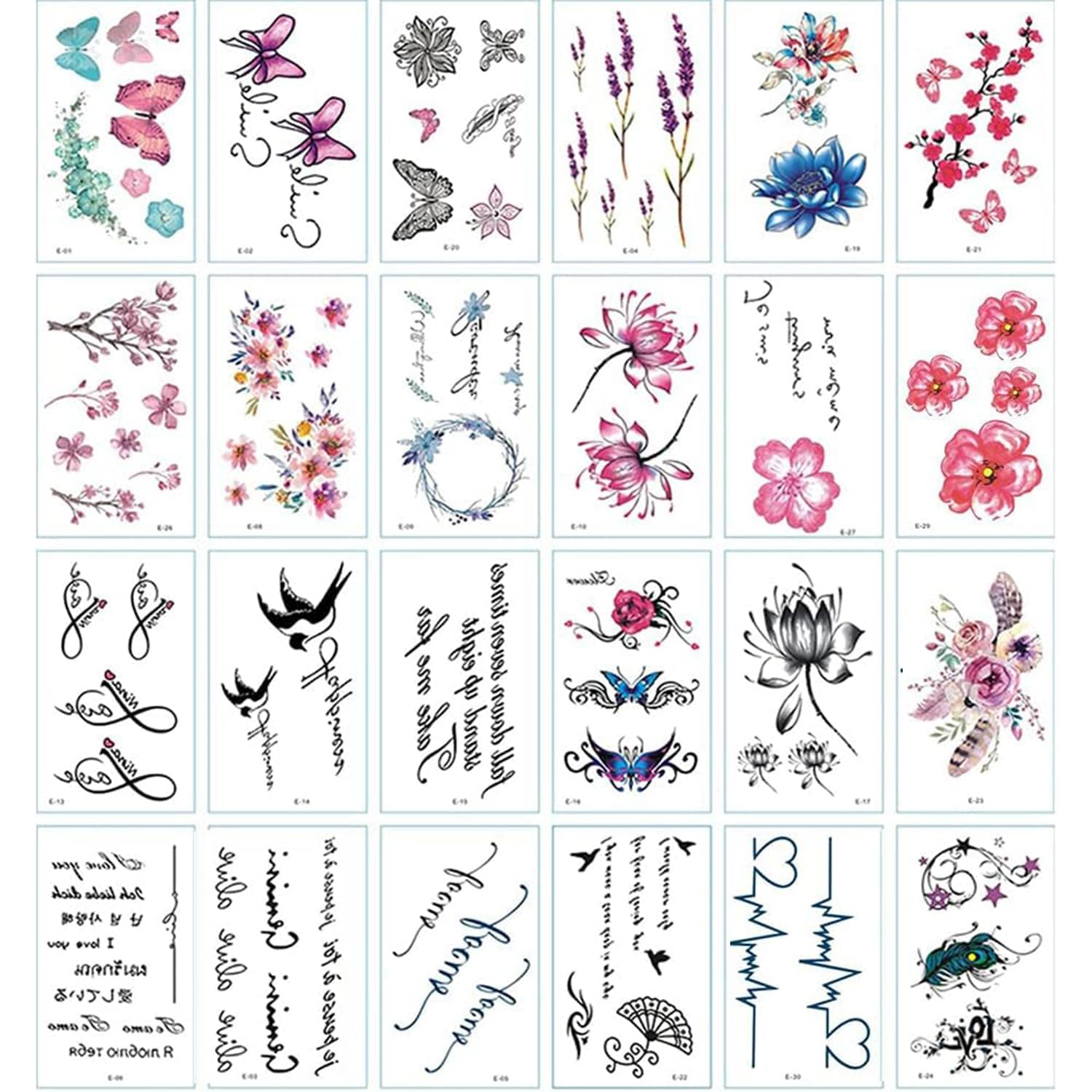 30 Sheets Cute Temporary Tattoos by Yesallwas,Fake Tattoos Stickers for Kids Girls Teens Body Tattoos(E)