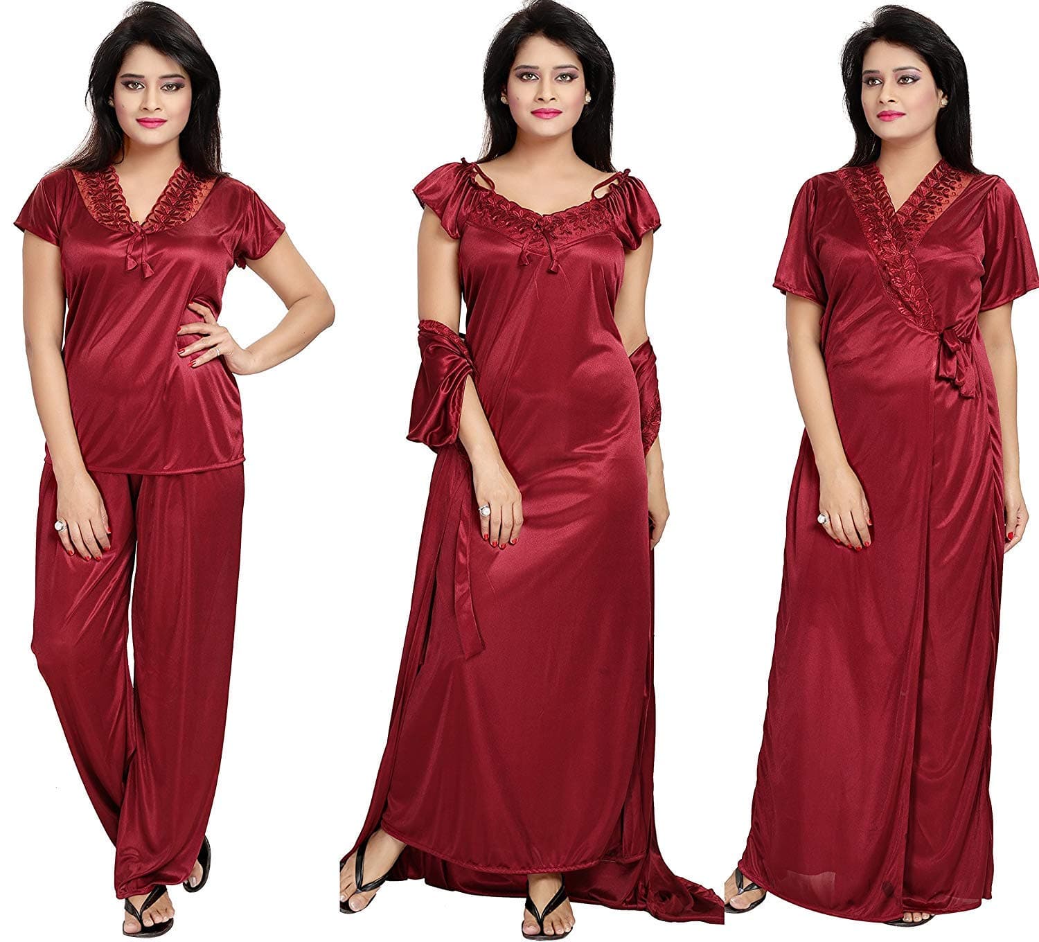 Women's Satin Solid Nightwear Set of 4 Pcs Maxi Nighty, Wrap Gown, Top, Capri (Maroon, Free Size)
