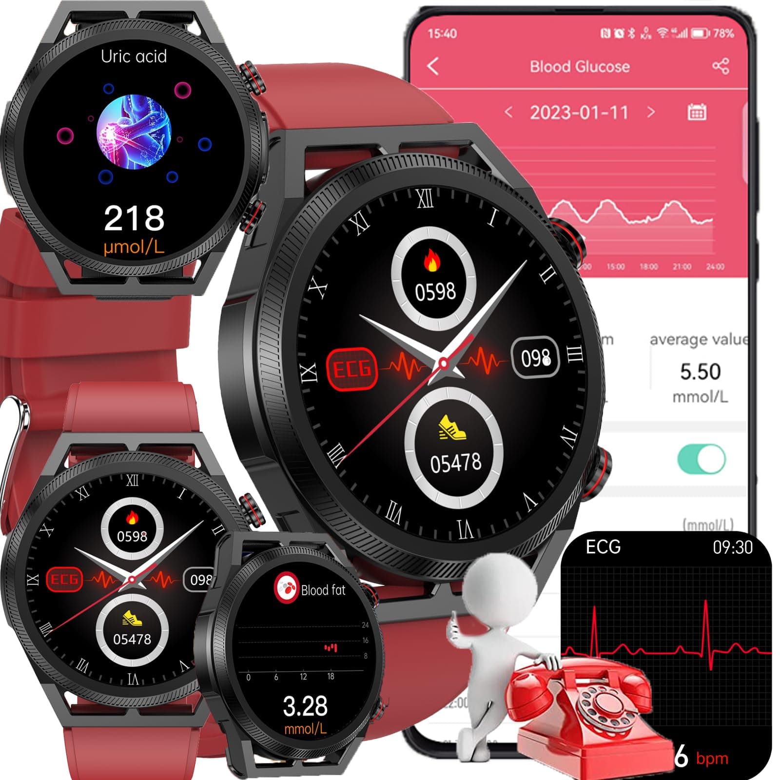 Blood Glucose Smart Watch, ECG HRV Fitness Tracker with Heart Rate Blood Pressure Uric Acid Measurement, Blood Lipid Monitoring, 20 Sports Modes, Text & Call, for Men & Women,Red