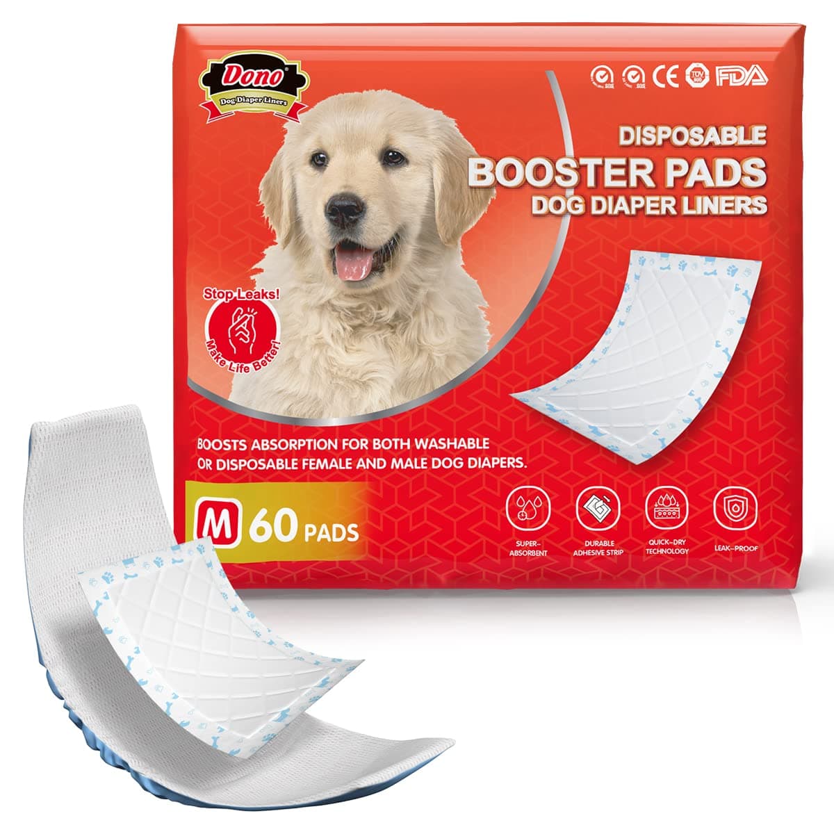 Dono Dog Diaper Liners, Super-Absorbent Dog Booster Pads 60ct, Disposable Doggie Diapers Inserts Fit Washable Dog Diapers Female, Male Belly Bands, Male Wraps, M