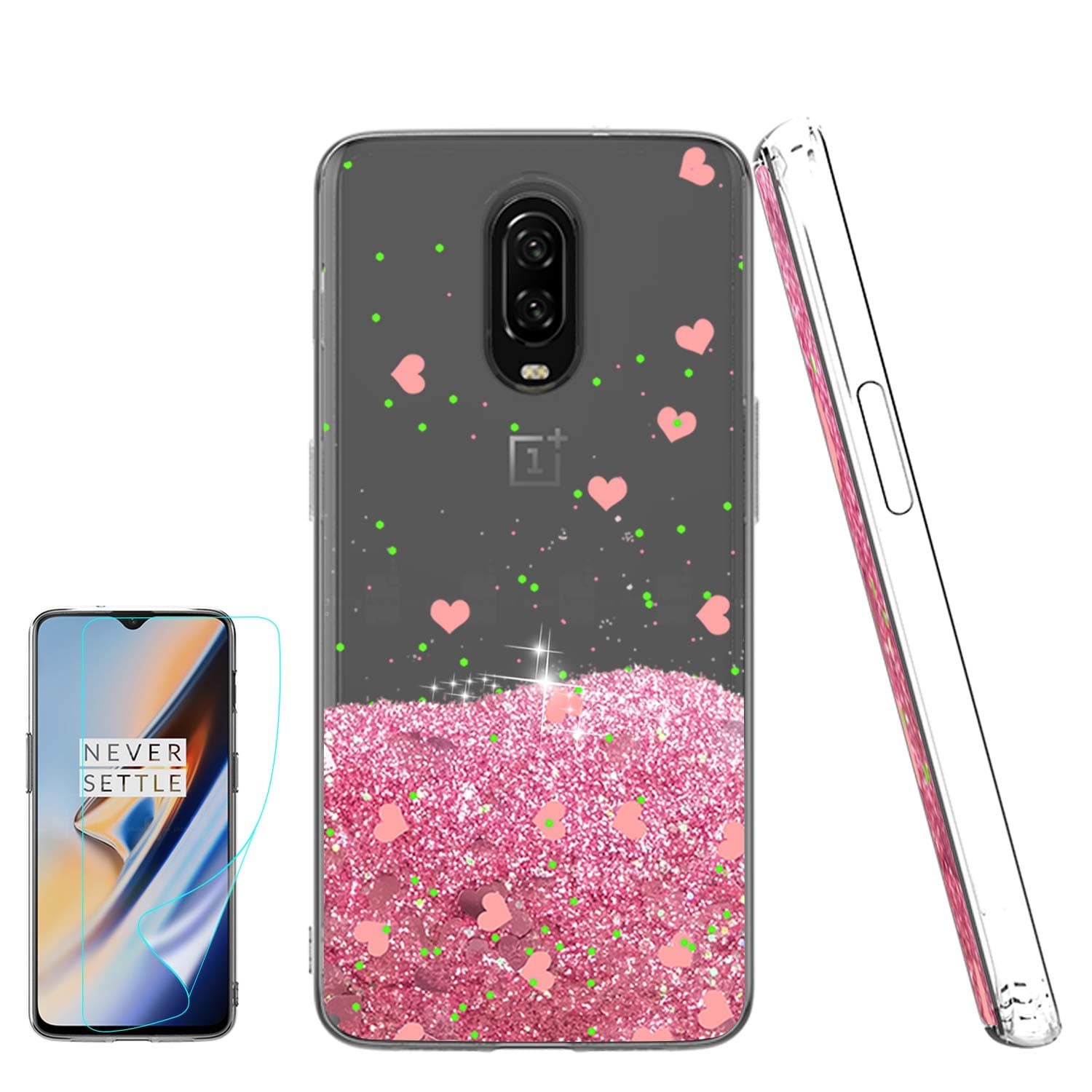 Atump Compatible with OnePlus 6T Cases with Screen Protector for Girls Women, Luxury Bling Diamond Quicksand Liquid Clear TPU Protective Phone Case Phone Cover for OnePlus 6T Pink