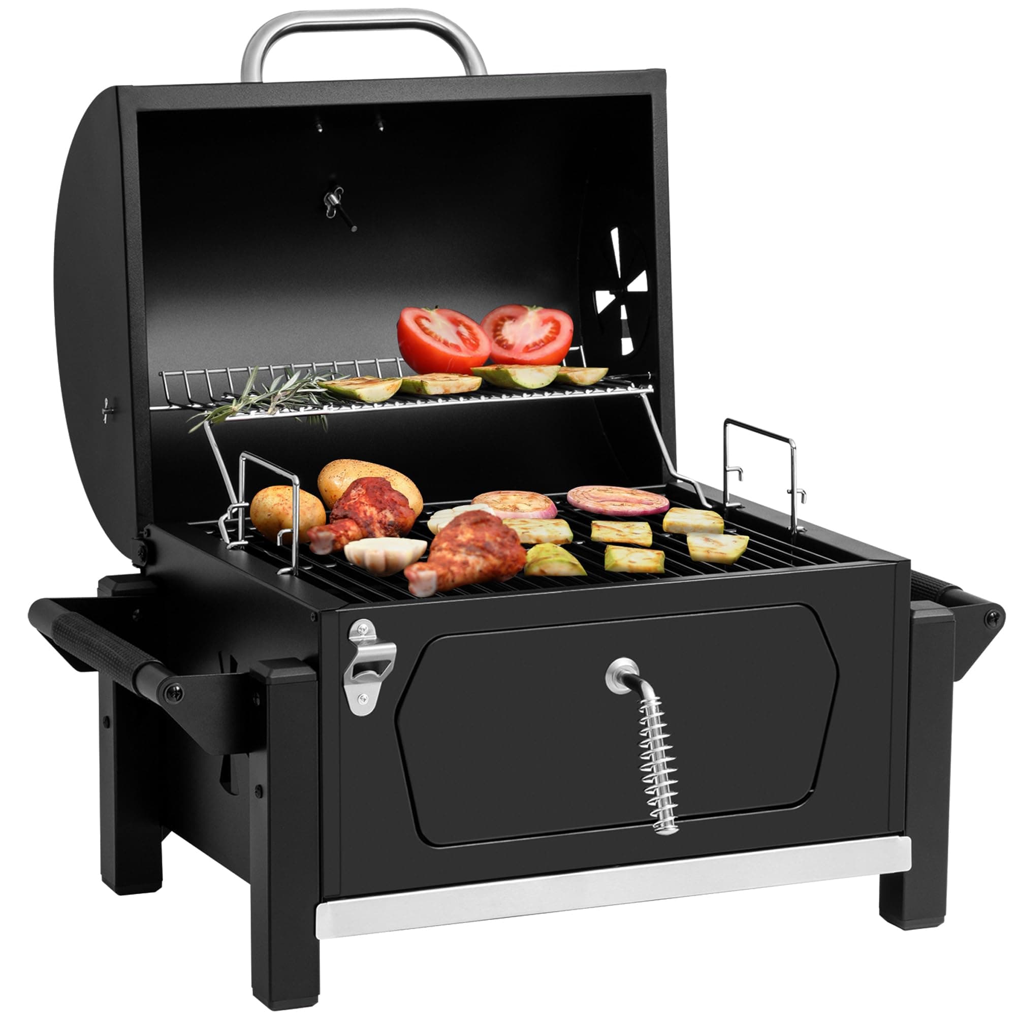 CD1519 Portable Charcoal Grill with Side Handles and Bottle Opener, Ideal for Outdoor BBQ, Picnic, Tailgate and Campsite, Black