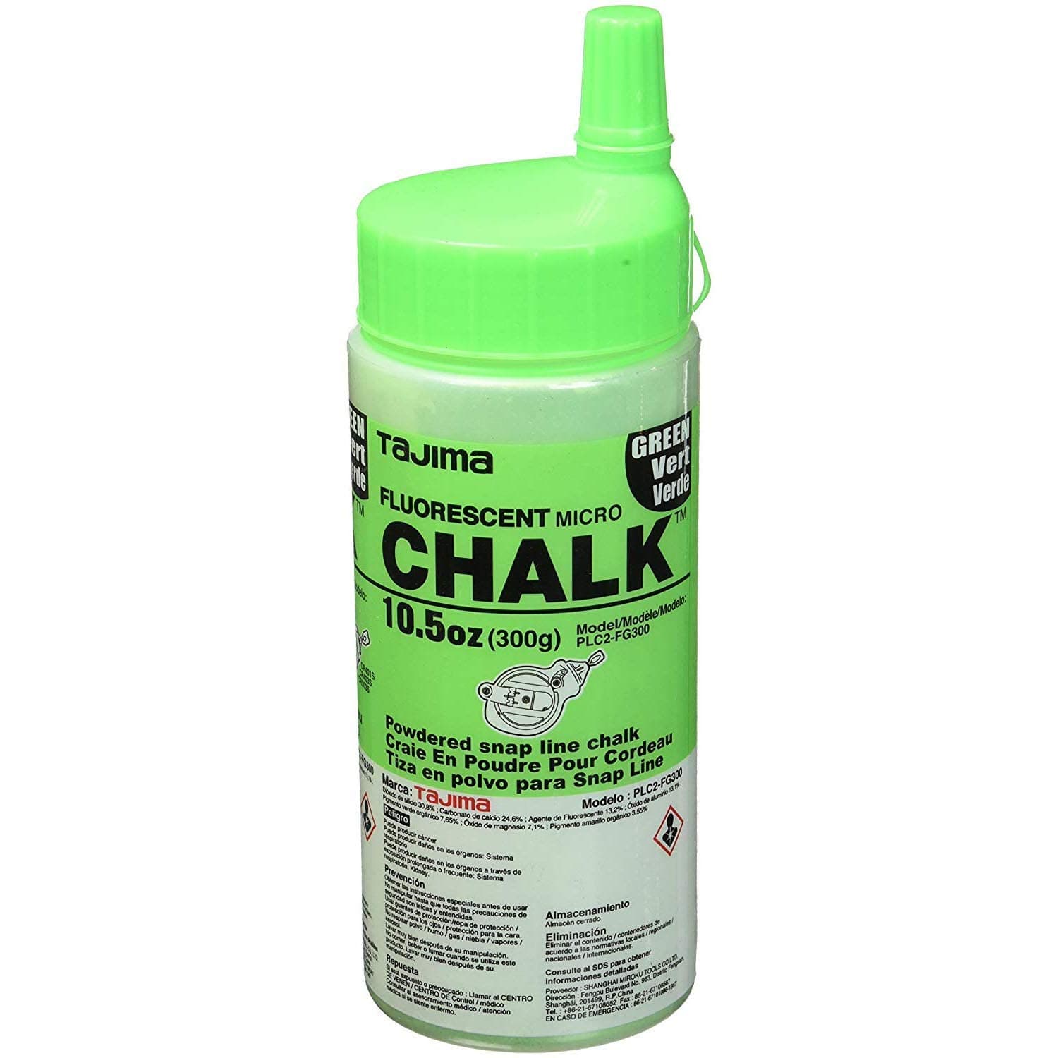 TAJIMA Micro Chalk - Fluorescent Green 10.5 oz (300g) Ultra-Fine Snap-Line Chalk with Durable Bottle & Easy-Fill Nozzle - PLC2-FG300