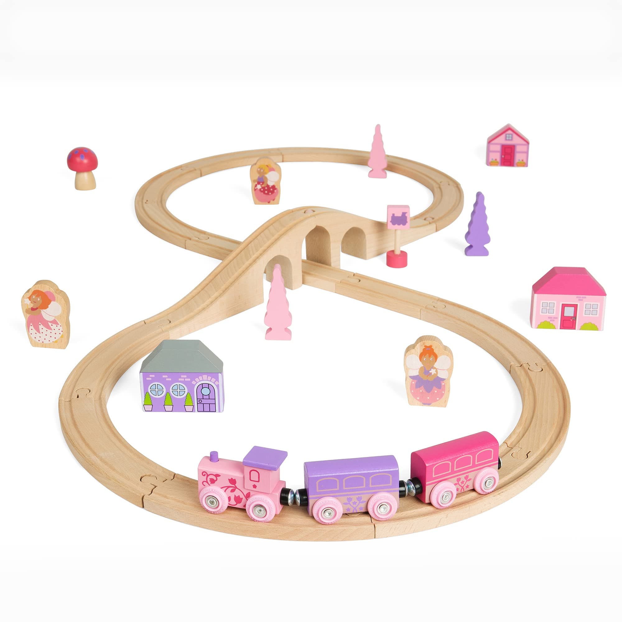 Bigjigs Rail Fairy Figure of 8 Train Set | Kids Wooden Railway Toy with 35 Pieces | Collection Includes Track, Bridge, Pink Accessories and Engine | Gift Suitable for Girls & Boys Ages 3+
