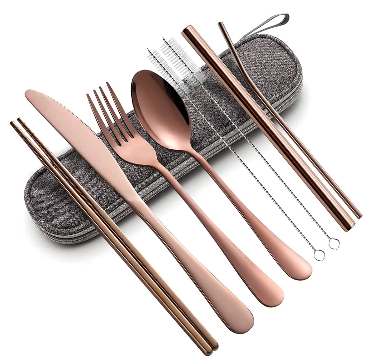 Portable Utensils Set,Reusable Travel Cutlery Set with Case Stainless Steel Flatware Set for Camping 8pcs Including Dinner Knife Fork Spoon Chopsticks Boba Straw (Rose gold)