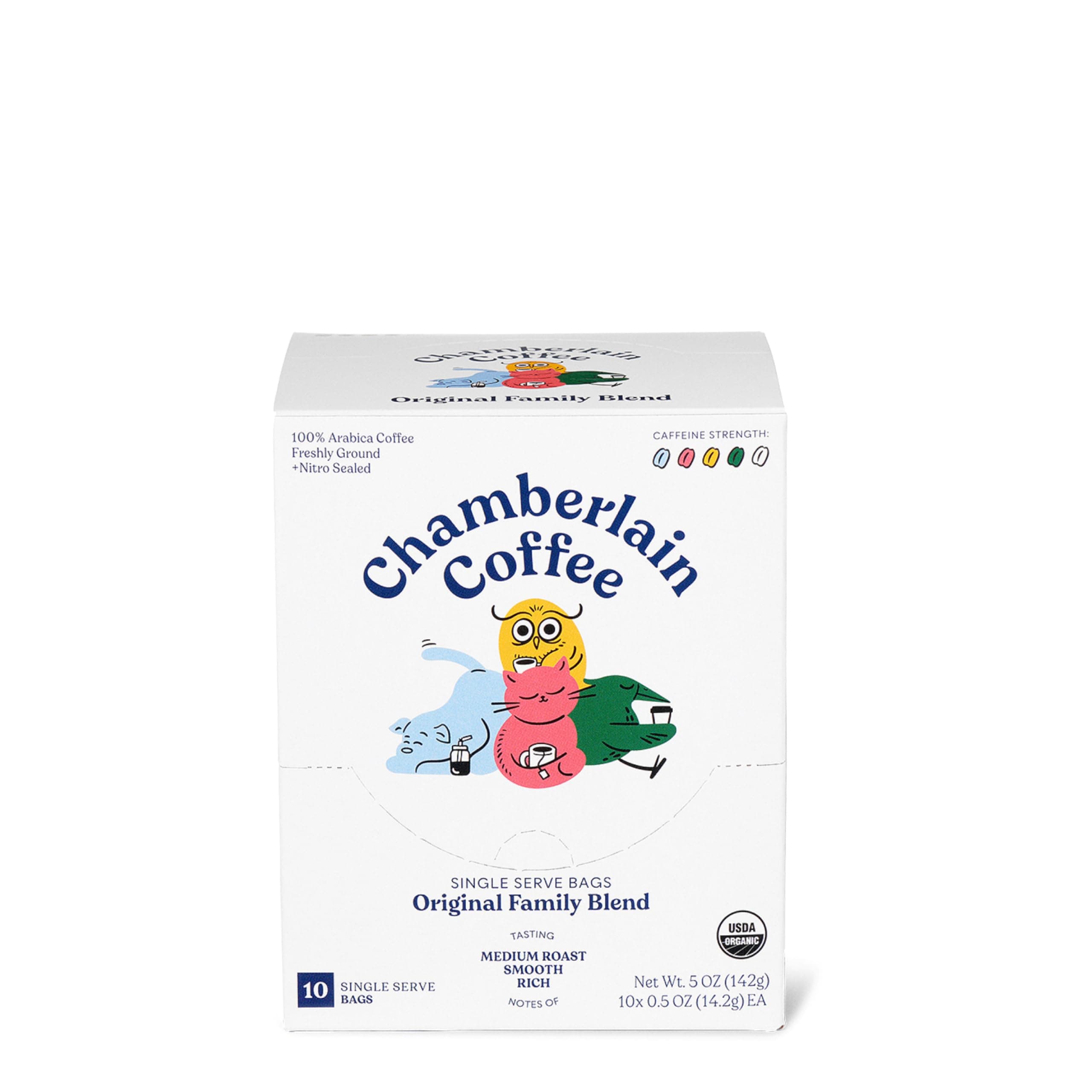 Chamberlain Coffee The Original Family Blend Cold Brew Singles - Medium Roast Organic Coffee Single Serve Bags with Notes of Rich Milk Chocolate, Almond & Black Cherry - 10 Single Serve Cold Brew Sachets