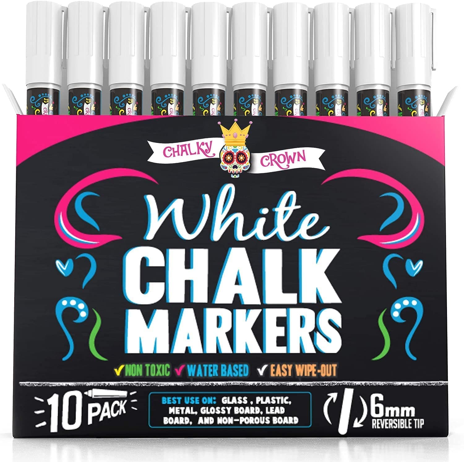 Chalky CrownLiquid Chalk Marker Pen - White Dry Erase Marker - Chalk Markers for Chalkboard Signs, Windows, Blackboard, Glass - 6mm Reversible Tip (10 Pack) - 24 Chalkboard Labels Included
