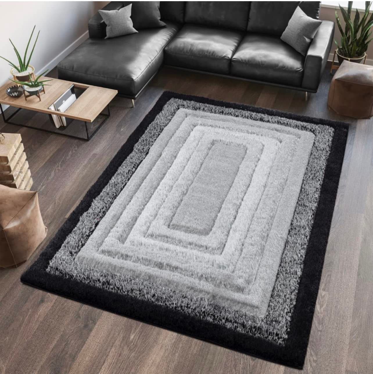 orientalrugcompanyLarge 3d Shaggy rugs 120x170cm Living Room, Panel Design Grey/Black Modern Home Rugs
