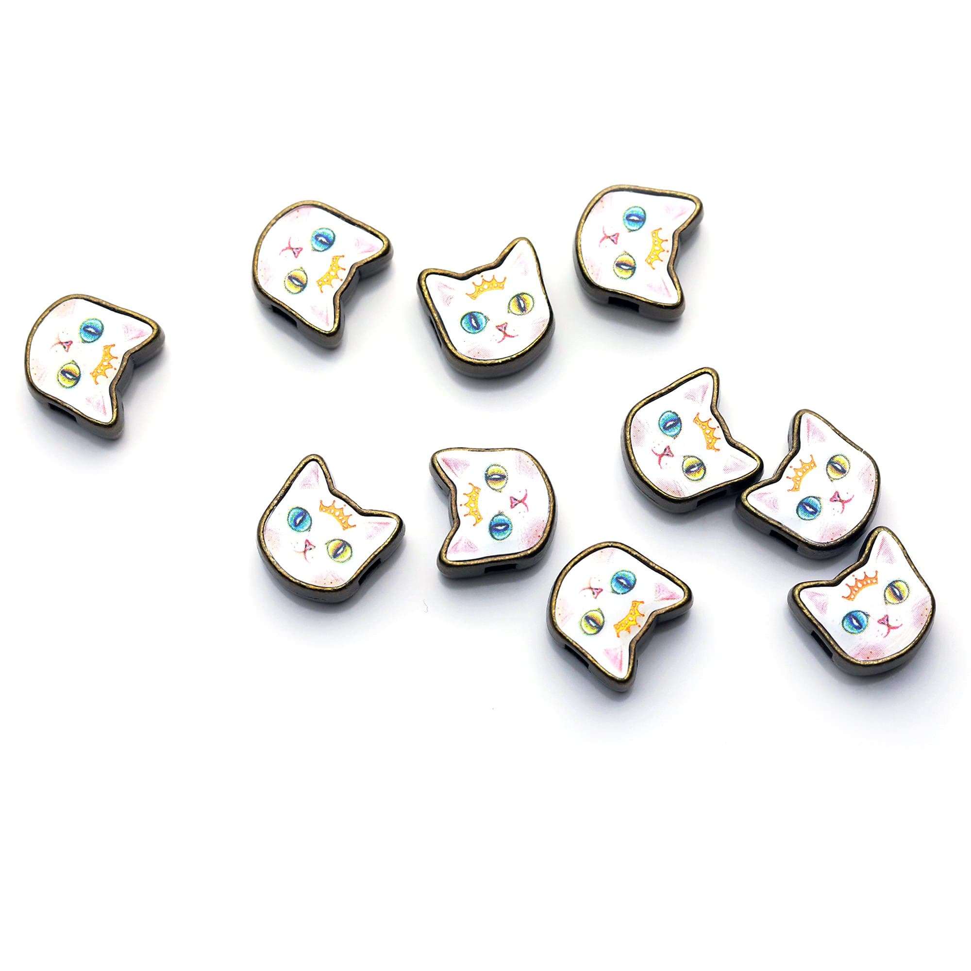 Vintage Style Charms Kawaii Kitty Charm Antique Brass Cat Beads Flower Print Orange Tabby Black Odd Eye Cat - AC (Odd Eye - OE)