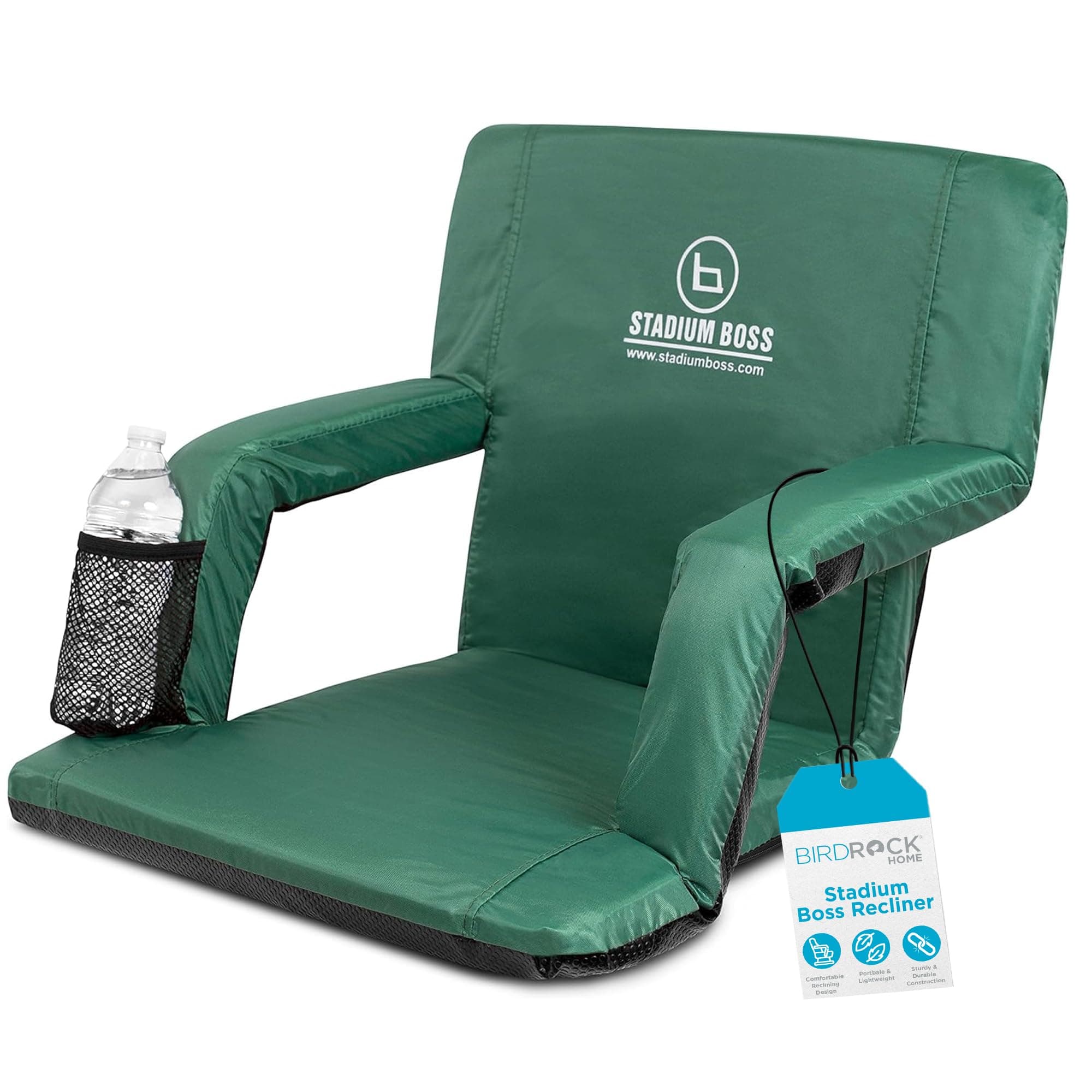 Recliner Stadium Seat for Bleachers, Benches, Lawns, Backyard, Camping & Beach – Padded Sport Chair, Cushion Backs & Armrest – 6 Reclining Positions – Portable Carry Straps – Dark Green