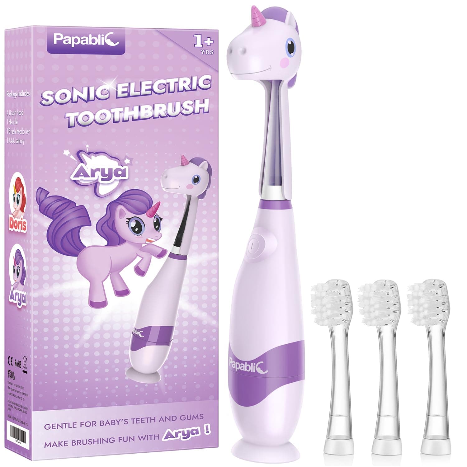 Toddler Sonic Electric Toothbrush Kids for Ages 1-3 Years, Baby Electric Toothbrush with Cute Unicorn Cover and Smart LED Timer, 4 Brush Heads (Arya)