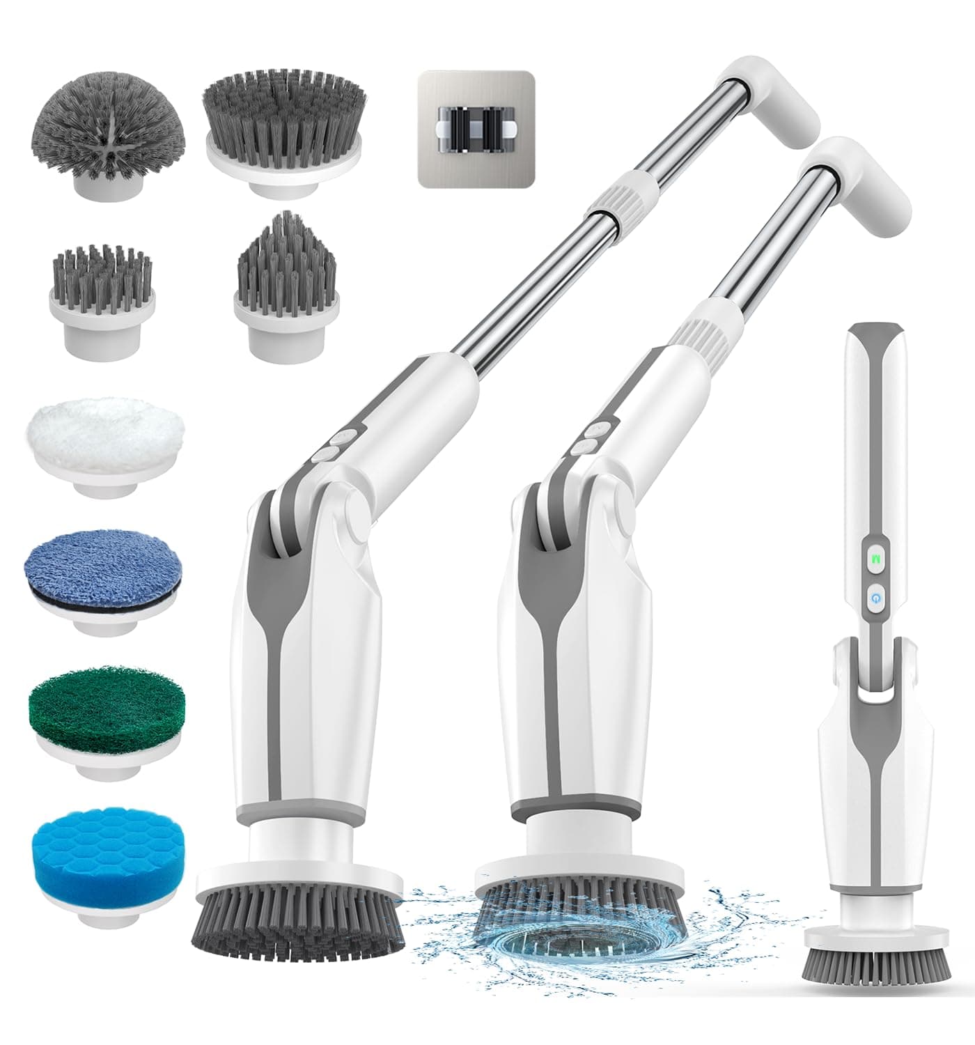 Electric Household Cleaning Brush, 2024 Electric Rotary Scrubber with 8 Replaceable Brushes, Remote Control, Adjustable Handle 38-132CM and 2 Rotation Speeds for Bathroom/Kitchen/Car