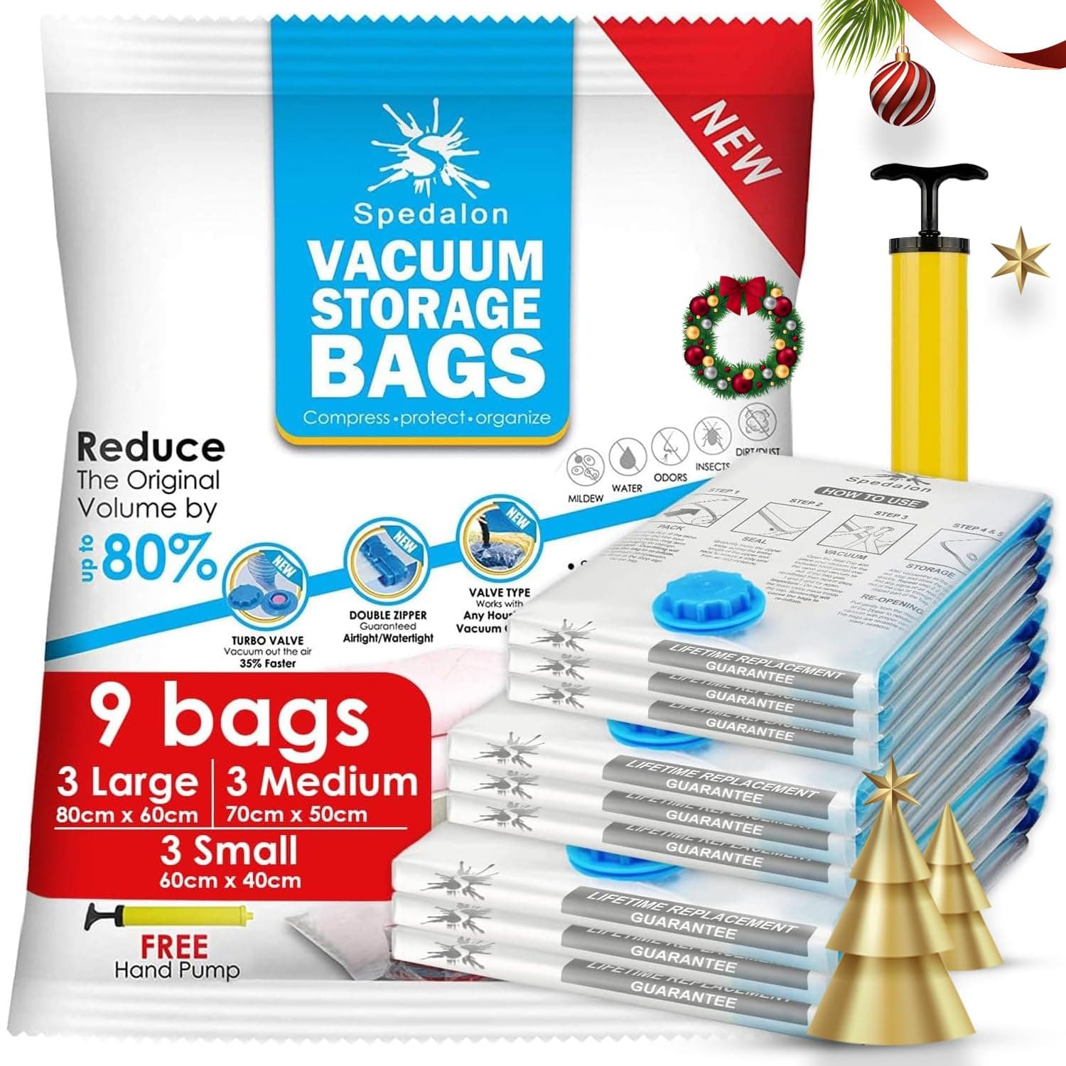 Spedalon Vacuum Storage Bags - Pack of 9 (3 Large + 3 Medium + 3 Small) ReUsable with free Hand Pump for travel packing | Best Sealer Bags for Clothes, Duvets, Bedding, Pillows, Blankets, Curtains