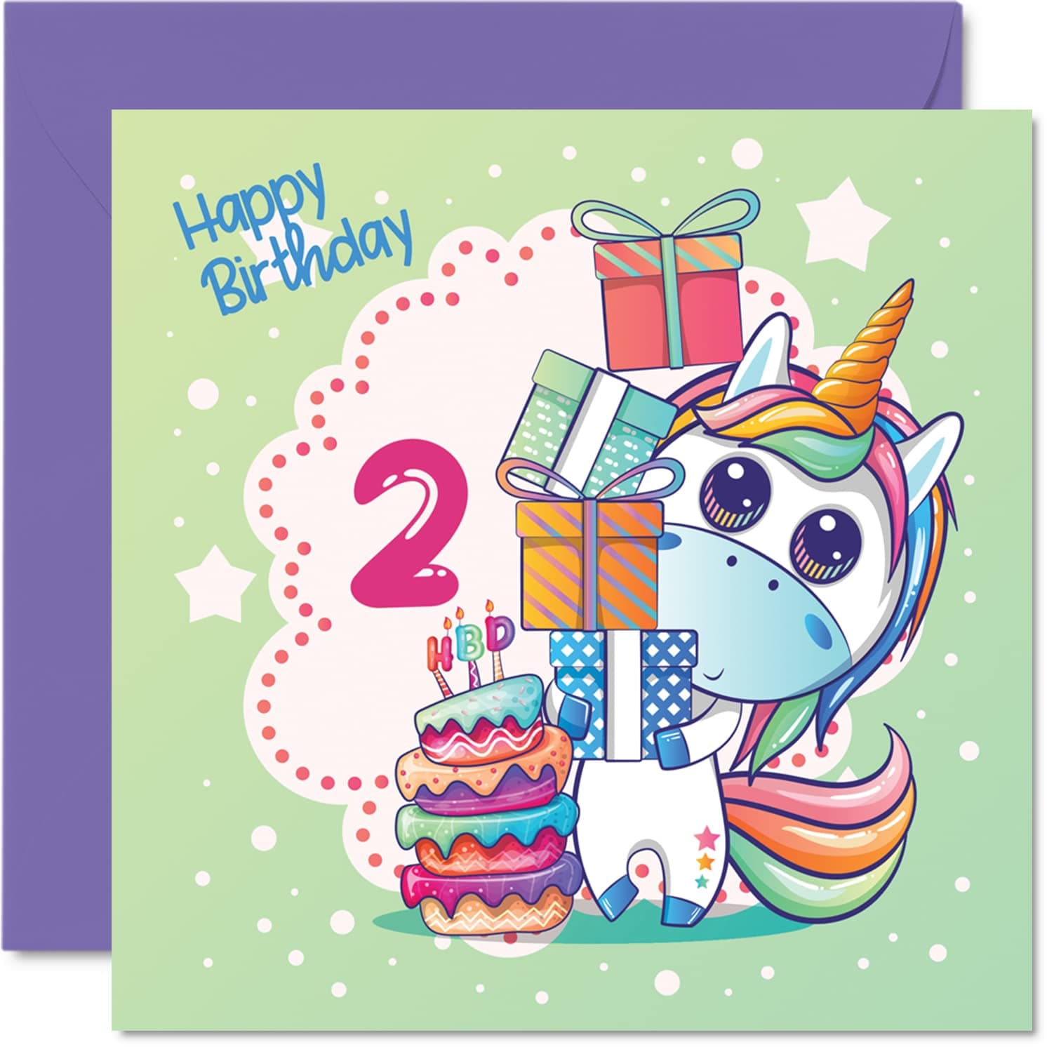 2nd Birthday Card Girl - Magical Unicorn Cake - Unicorn Birthday Card for 2 Year Old Girl, Age 2 Girls Cards, 145mm Cute Greeting