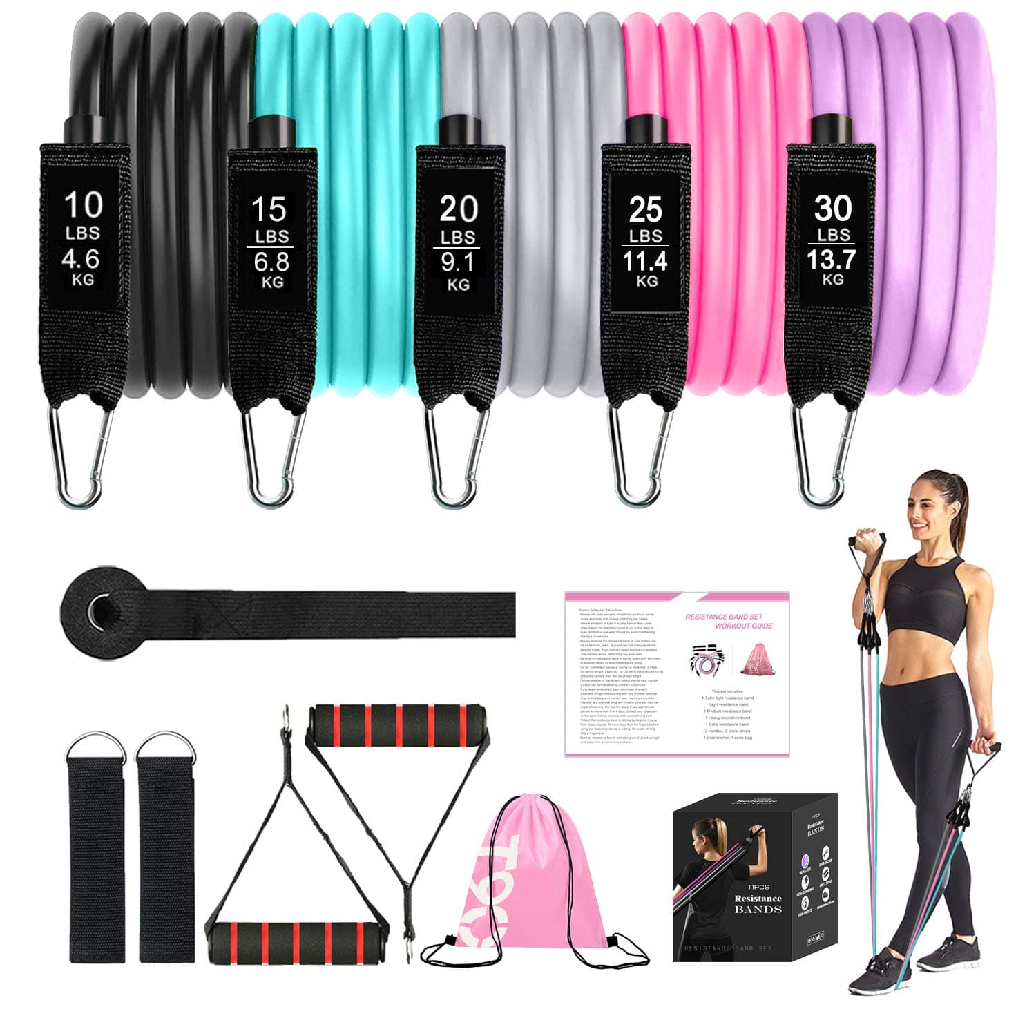Exercise Resistance Bands Set for Women, Home Gym Fitness Workout Bands 11PCS with Fitness Tubes, Foam Handles, Ankle Straps, Door Anchor, Carrying Pouch for Yoga, Physical Therapy, Up to 100 lbs
