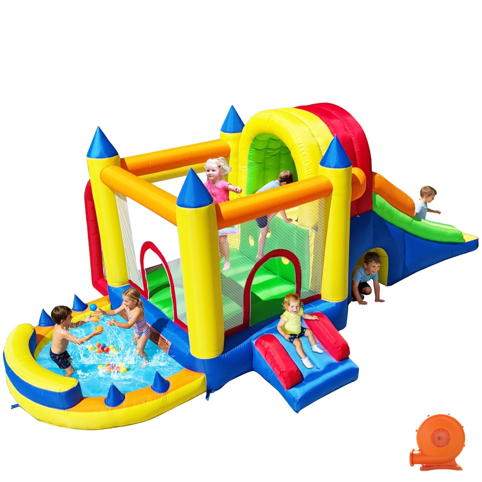 Inflatable Bounce House with Wide Slide, Splash Pool/Ballpit, Secret Crawl Tunnel & Soccer Goal, Multi-Activity Jumping Castle for Toddlers & Big Kids, Outdoor Backyard Playground