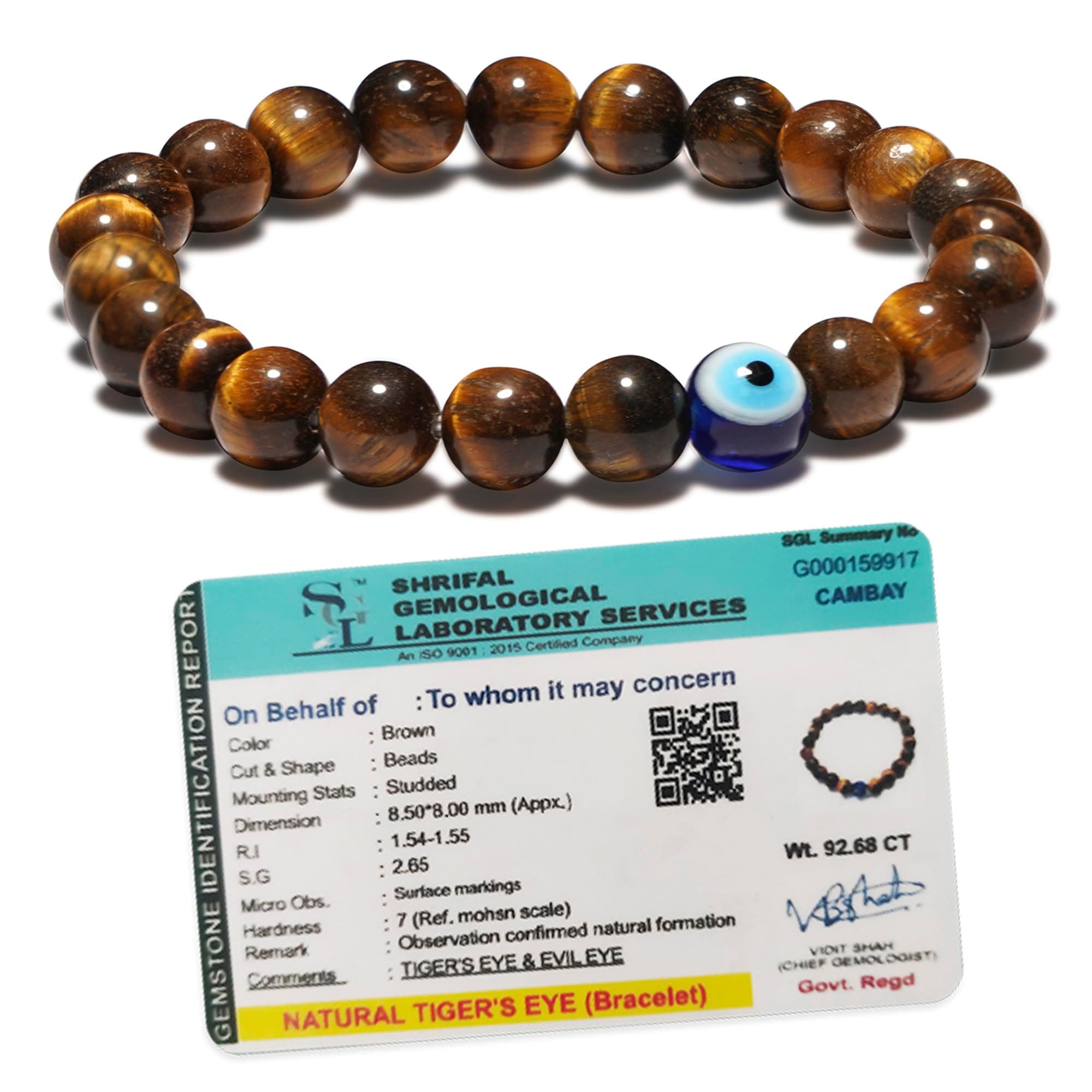 SOLAVA Original Tiger Eye Bracelet for Woman and Men with Evil Eye and Lab Certificate - Natural Energised Brown beads Bracelet for Courage, Protection and Will Power - 8MM Beads, standard, tiger eye