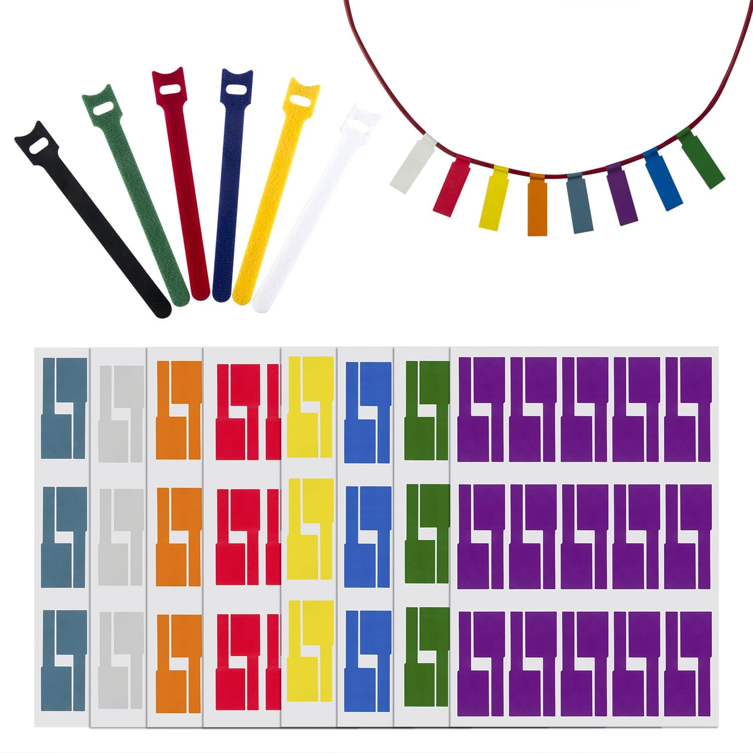 JCKEL Waloden 480 Pieces Cable Labels Waterproof Self Adhesive Cable Label Tear Resistant Stickers and 12 Pieces Reusable Hook and Loop Cord Straps, 8 Colors