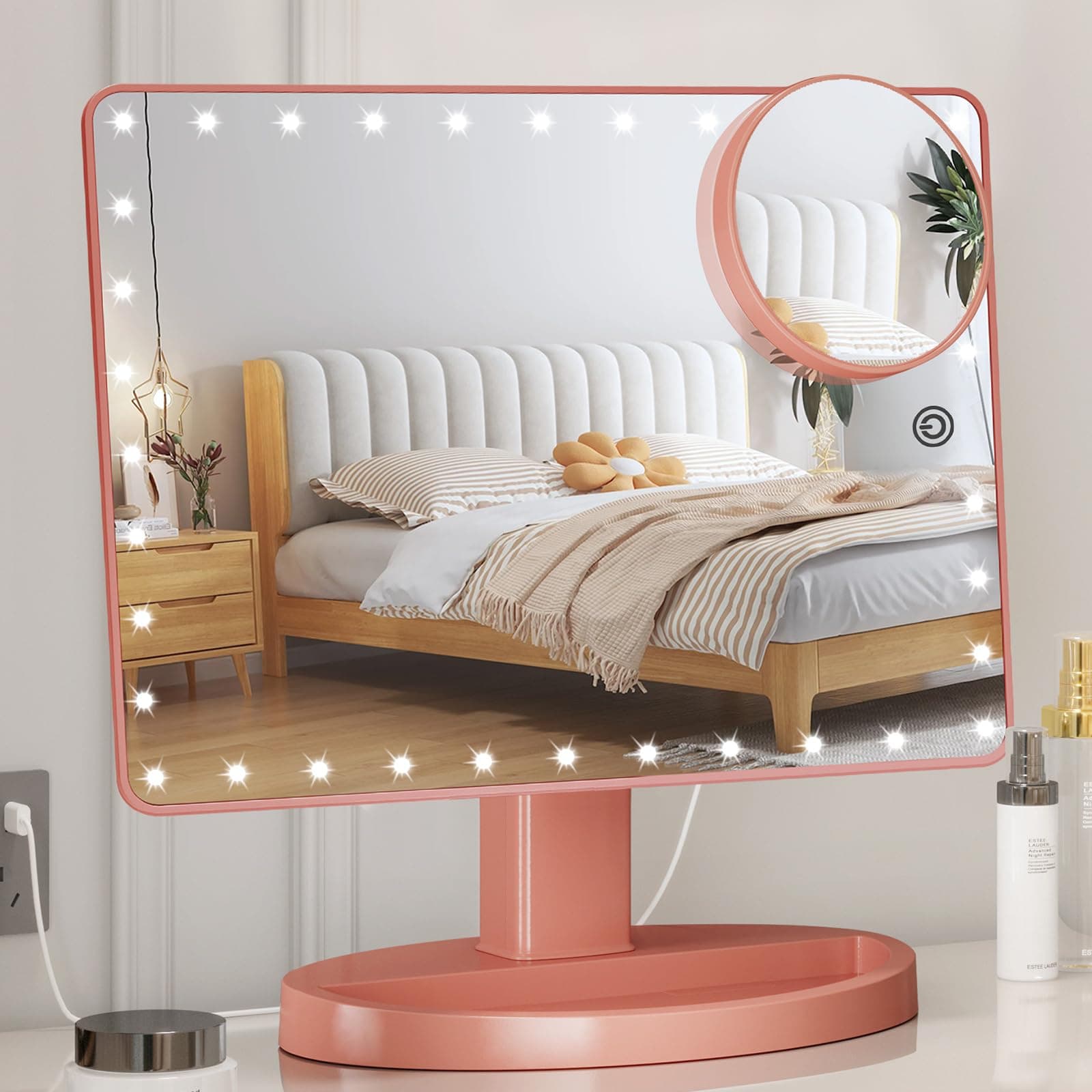 FUNTOUCH Large Lighted Vanity Makeup Mirror (X-Large Model) Light Up Mirror with 35 LED Lights Touch Screen and 10X Magnification Mirror 360° Rotation Tabletop Cosmetic Mirror(Rose Gold)