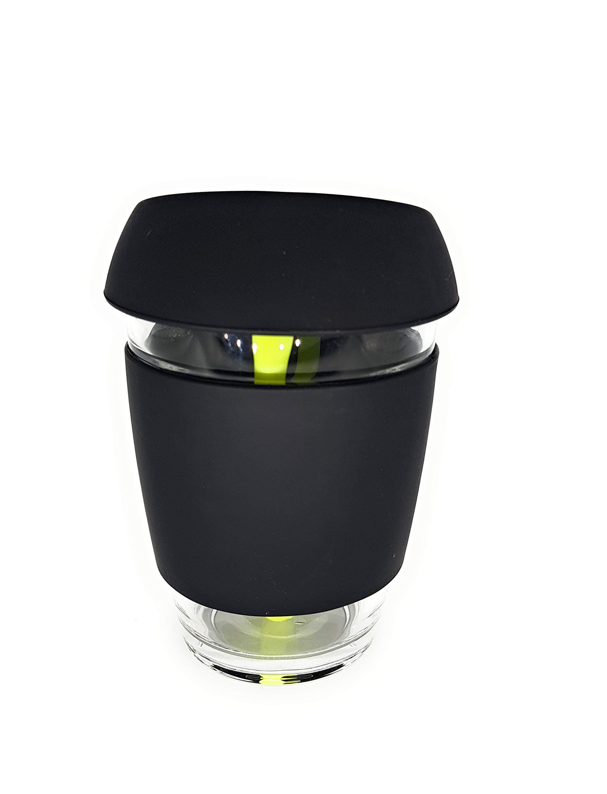 Reusable Glass Coffee Cup | Food Grade Silicone Lid | Eco Friendly Travel Mug 12oz/340ml | Free Eco Silicone Straw (Silicone)