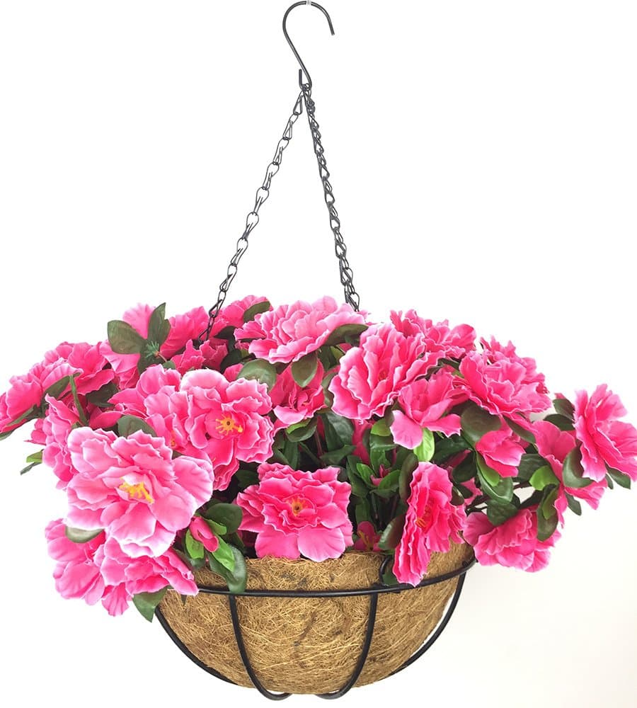 LopkeyOutdoor/Indoor Silk Big Flower Decor Artificial Azalea Bush Flower Patio Lawn Garden Hanging Basket with Chain Flowerpot,Rose Red