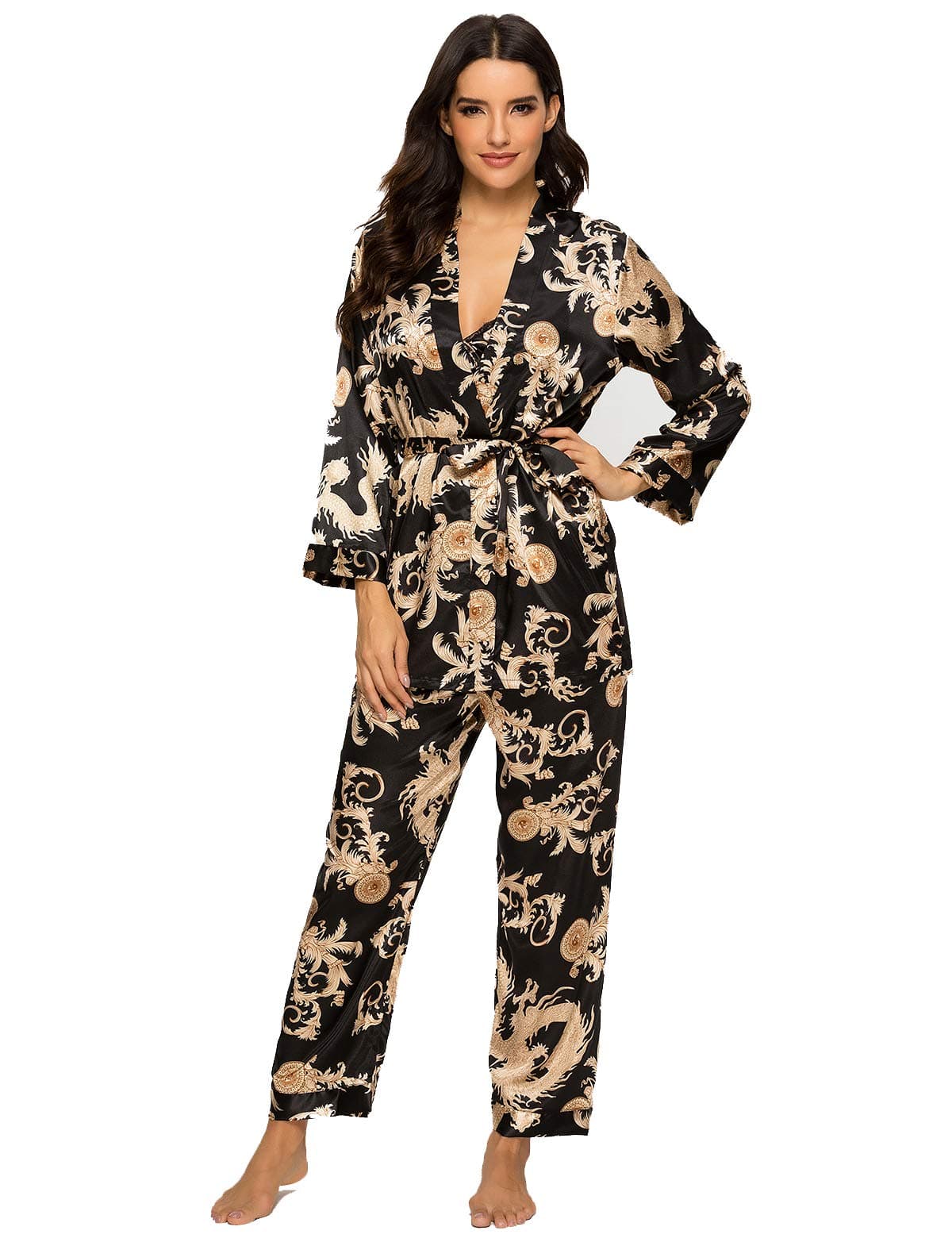 Escalier Women's Silk Satin Pajamas Set 3 Pcs Floral Silky Pj Sets Sleepwear Cami Nightwear with Robe and Pant