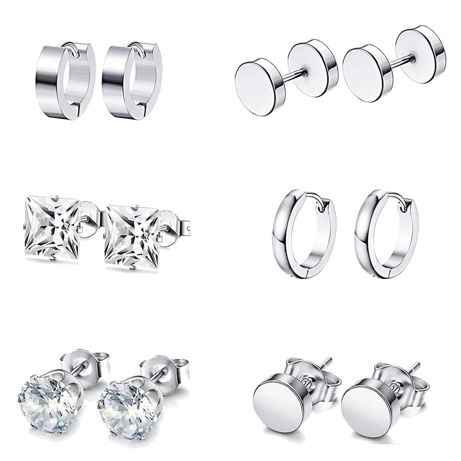 6 Pairs Silver Earrings Studs, Stainless Steel CZ Screw Studs Cartilage Earrings Hoops Barbell Ear Plugs Ear Piercing Triangle Screw Studs Earrings Endless Round Huggie Hoop Men's Earrings