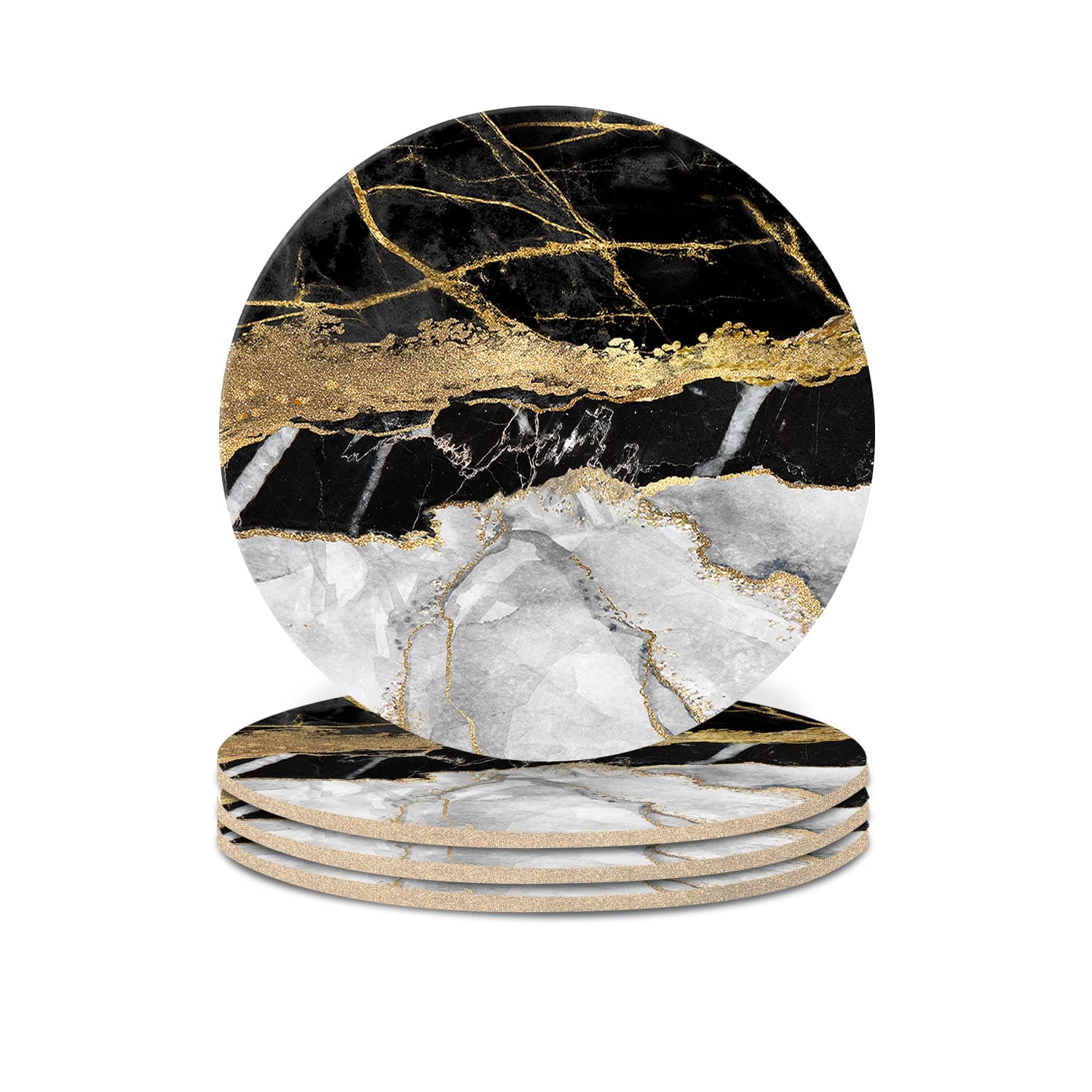 4Pcs Absorbent Drink Coasters Black Gold Grey Marble Pattern Round Coaster with Cork Backing Non-Slip for Home Office 4in