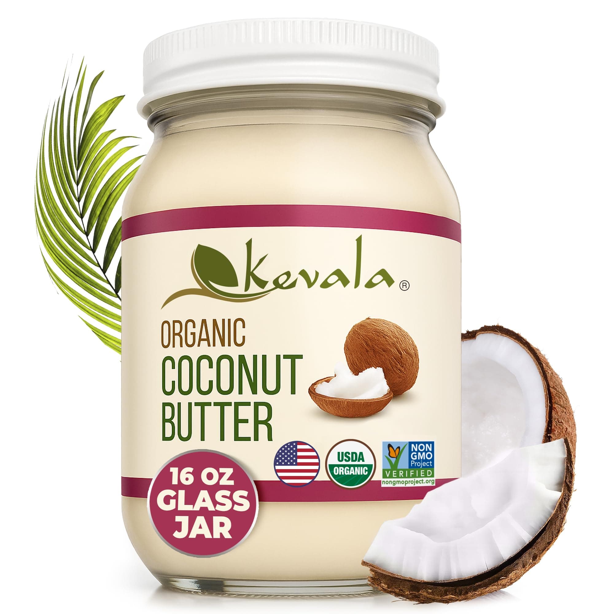 Kevala Organic Coconut Butter | Made with Organic Whole Coconut | Creamy Spread for Baking & Cooking | Dairy Free Plant Based Alternative | Made in the USA | 16 oz Glass Jar