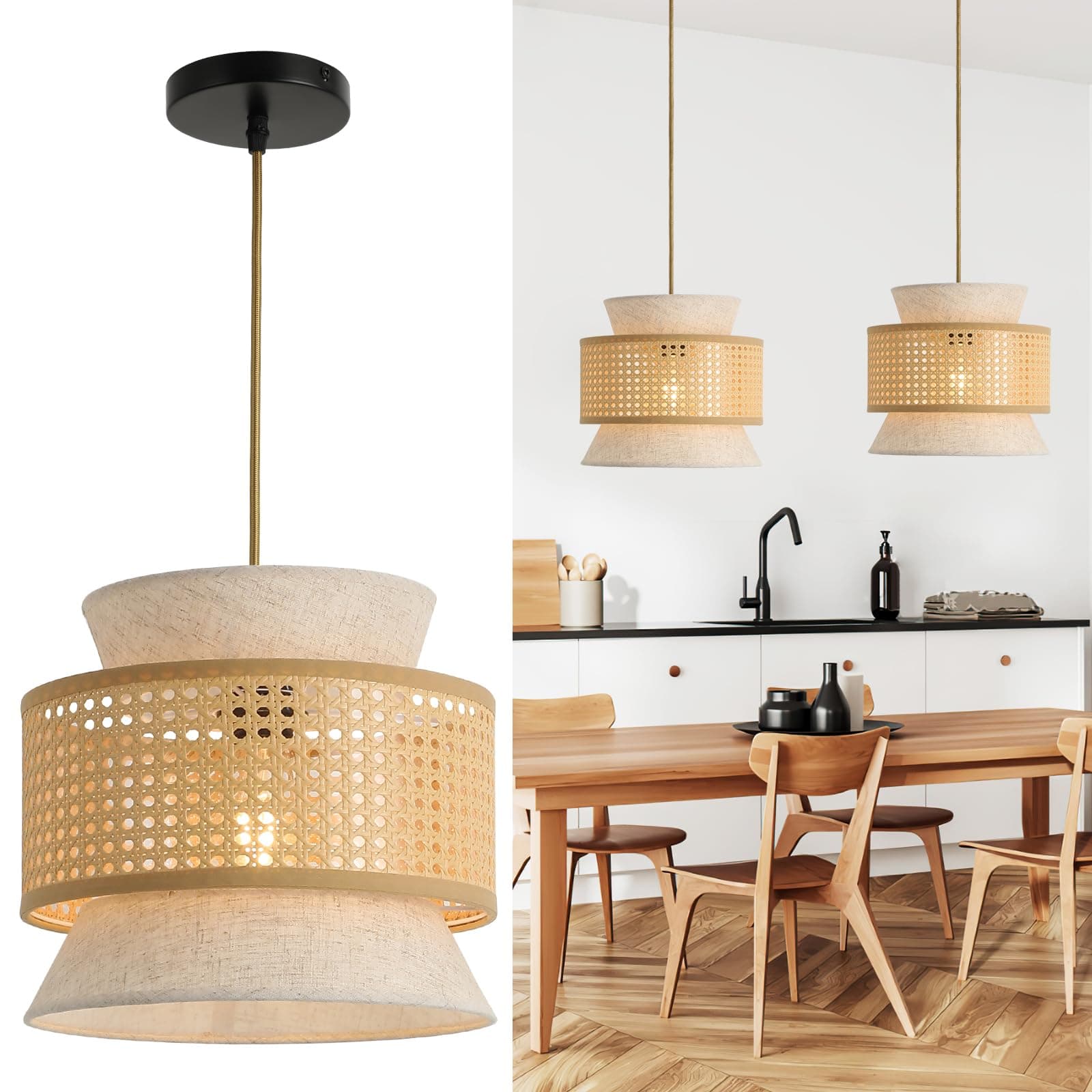 Rattan Pendant Light + Fabric, Vintage Boho Ceiling Lamp, 29 cm Diameter, Max. 60 W for Dining, Living, Bedroom, Hallway
