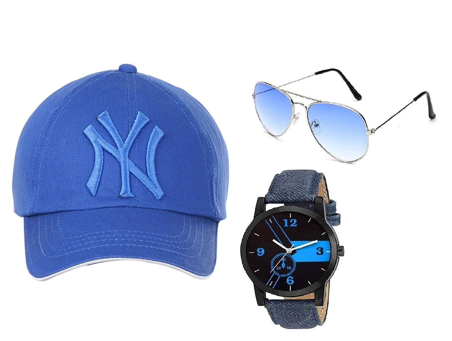 BID Unisex Combo Sun-glass Analogue Watch and Cap (Blue)