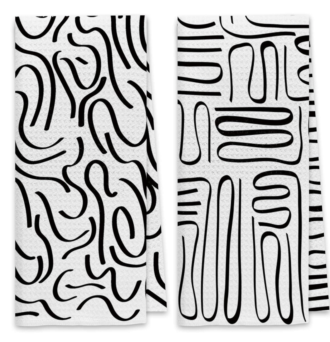 DiborBlack and White Kitchen Towels Dish Towels Dishcloth Set of 2, Boho Kitchen Towels, Abstract Art Line Decorative Absorbent Drying Cloth Hand Towels Tea Towels for Bathroom Kitchen