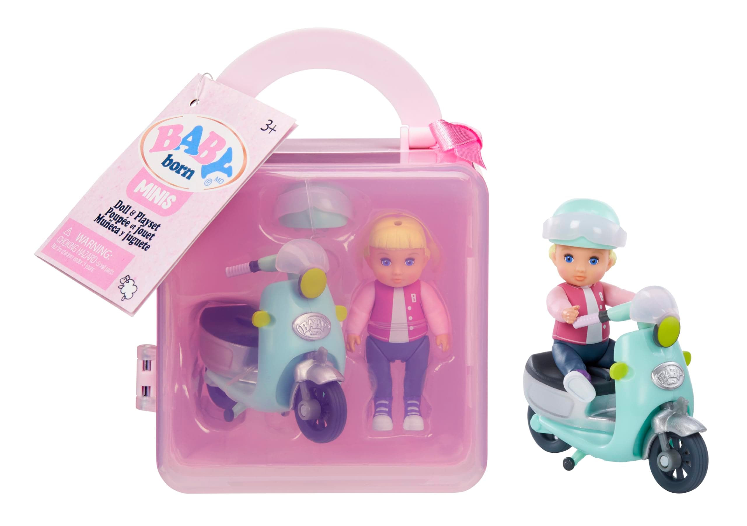 MINIS Playset - Light Skin Tone Doll with Blue Eyes, Scooter & Helmet Accessory, Includes Reusable Carrying Case for On-The-Go Playtime