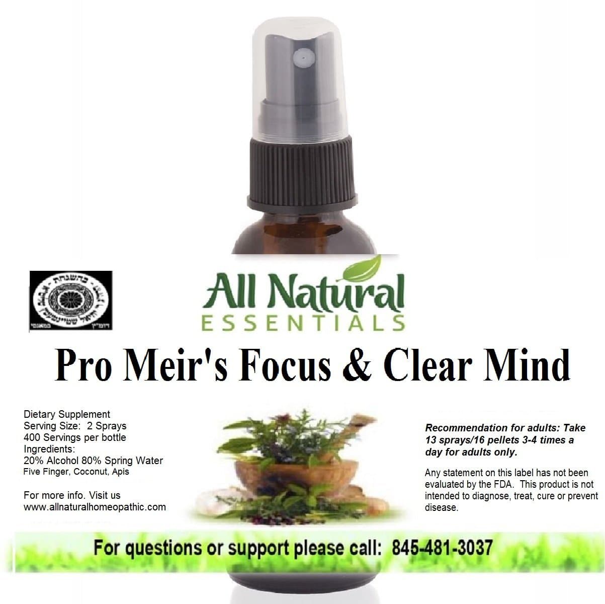 Focus Clear Mind Brain Booster Pro Meirs 1oz Homeopathic Remedy Focus Attention Good Memory focus homeopathy Concentration Cognitive Function Positive Mood Brain Fog Nootropics focus homeopathy kosher