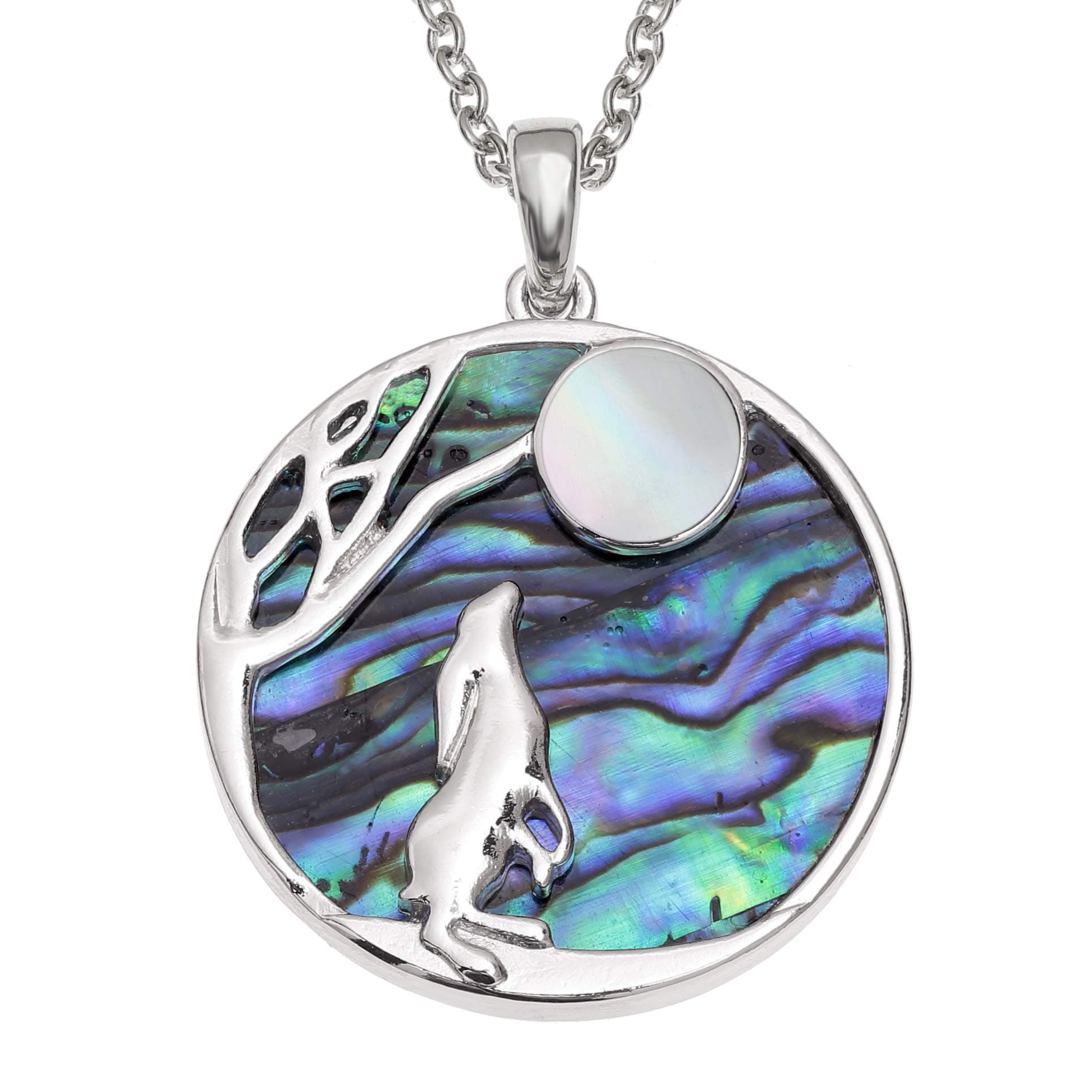 Reversible Hare Gazing At Moon Pendant Necklace On A Disc Of Green Paua Abalone Shell & Mother Of Pearl Moon, on 18" Trace Chain.