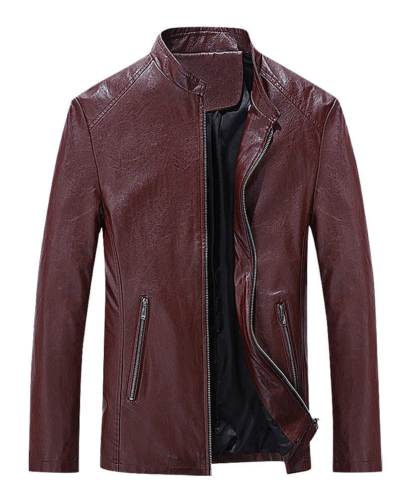 BAMan Men Burgundy Indigo Or Black Stand Collar Zip Up Faux Leather Jacket
