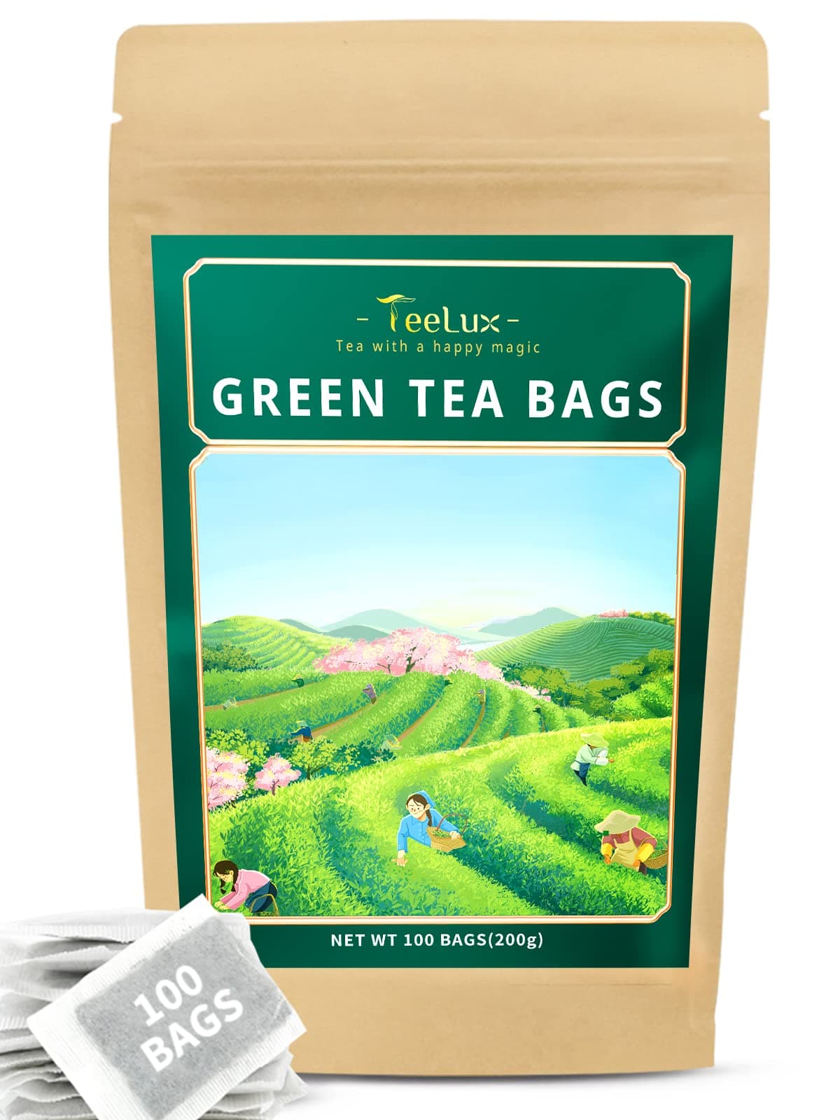 Green Tea Bags, Natural Pure Green Tea, Super Antioxidant, Caffeinated, 100 Count Tea Bags to Support Overall Health