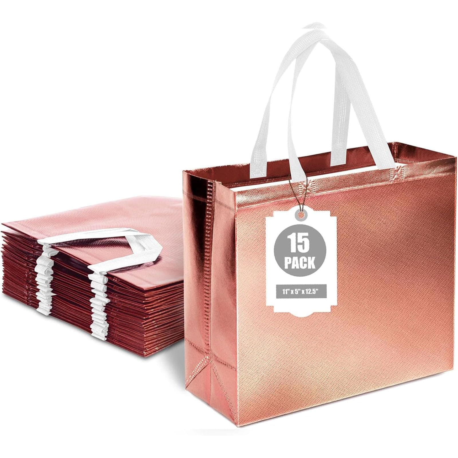 VGOODALL 15 Pack Gift Bags with Handles, 12.6" x 5" x 11" Rose Gold Reusable Gift Bags Bulk for Christmas Birthday Wedding Party Favor Goodie