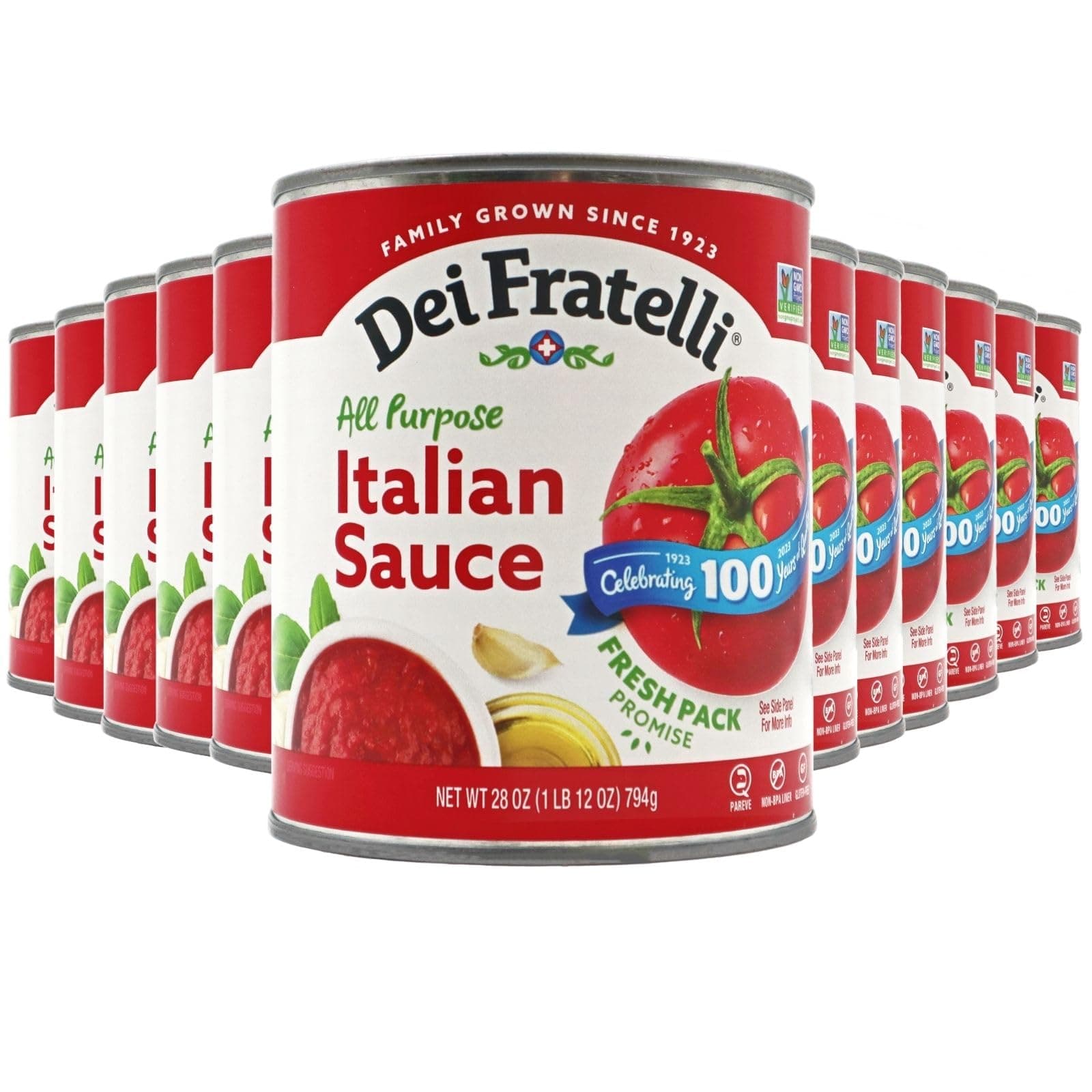 Italian Sauce (28 oz. Cans, 12 pack) - Vine-Ripened - No Water Added, Not from Paste – Non GMO, Gluten-Free - Fifth-Generation Family Recipe