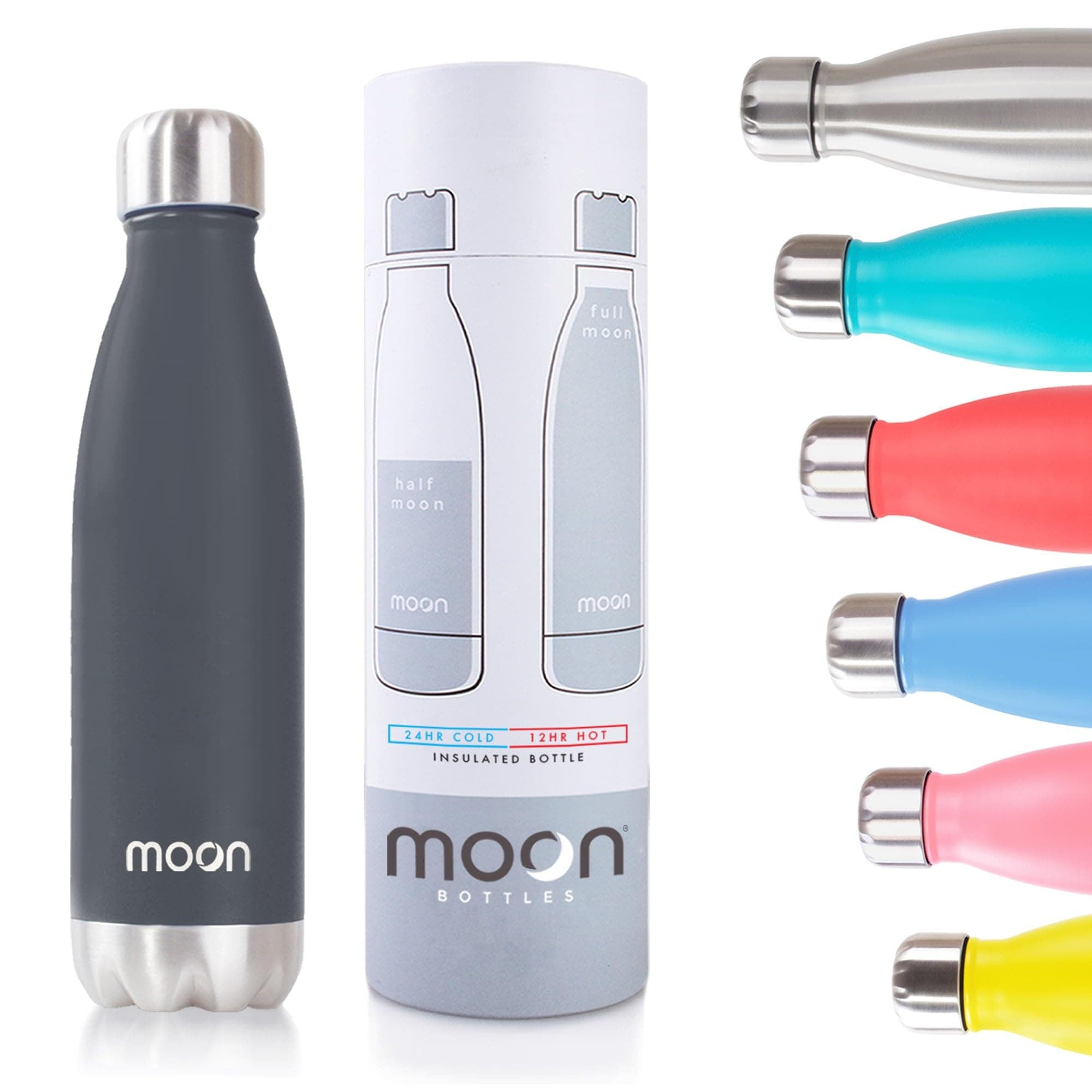 moon bottlesCarbon Neutral Stainless Steel Metal Water Bottle & Vacuum Flask - 24 Hrs Cold & 12 Hot - Insulated Drinks Bottles, Double Walled Reusable Drink Flasks, Leakproof (500ml, Matte Black)