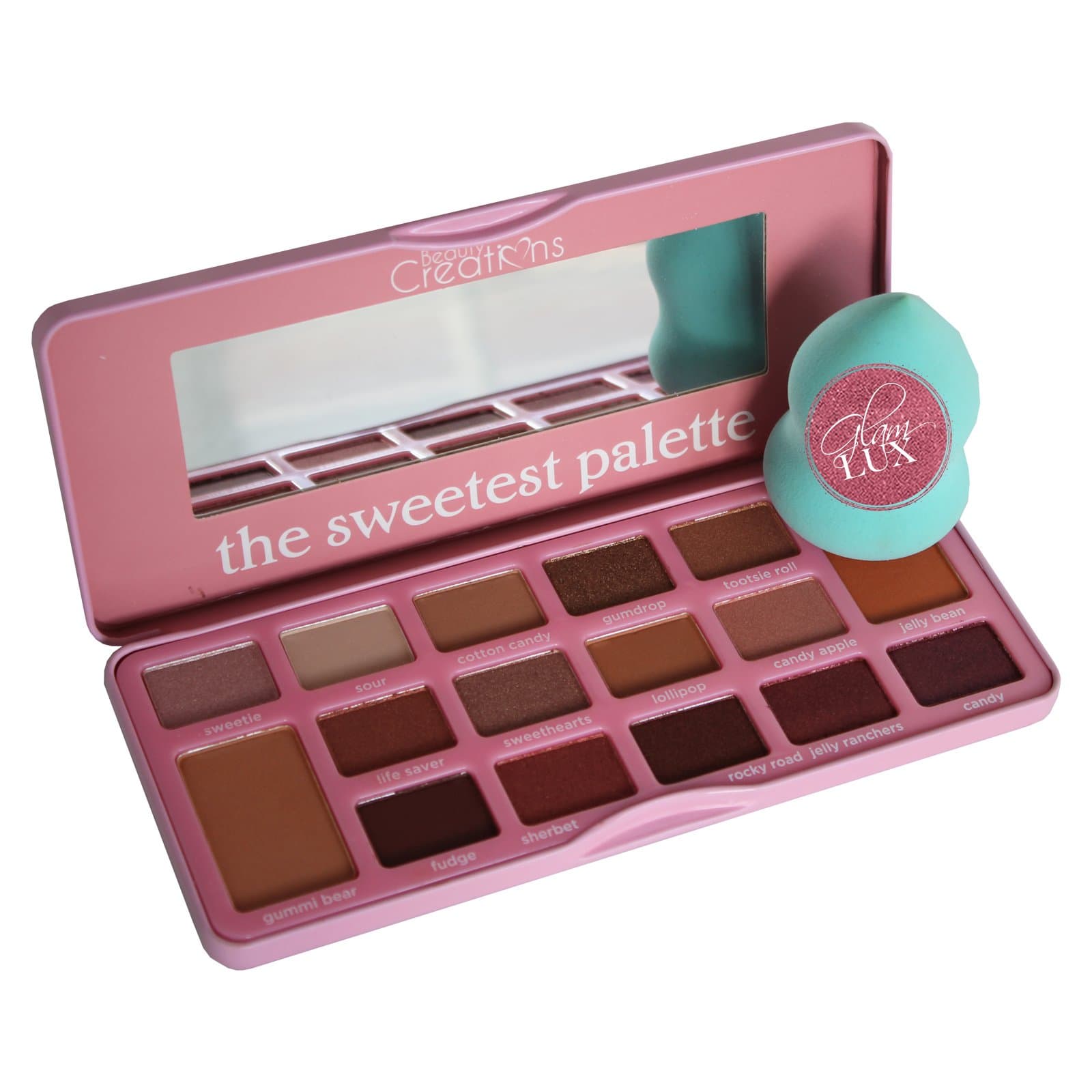 Glam Lux Bundle Beauty Creations Sweetest Palette 16 gorgeous candy scented shades Ultra Long lasting Pigmented Mineral Pressed Shimmer and Matte Eye shadow Palette and Glam Lux Beauty Blender