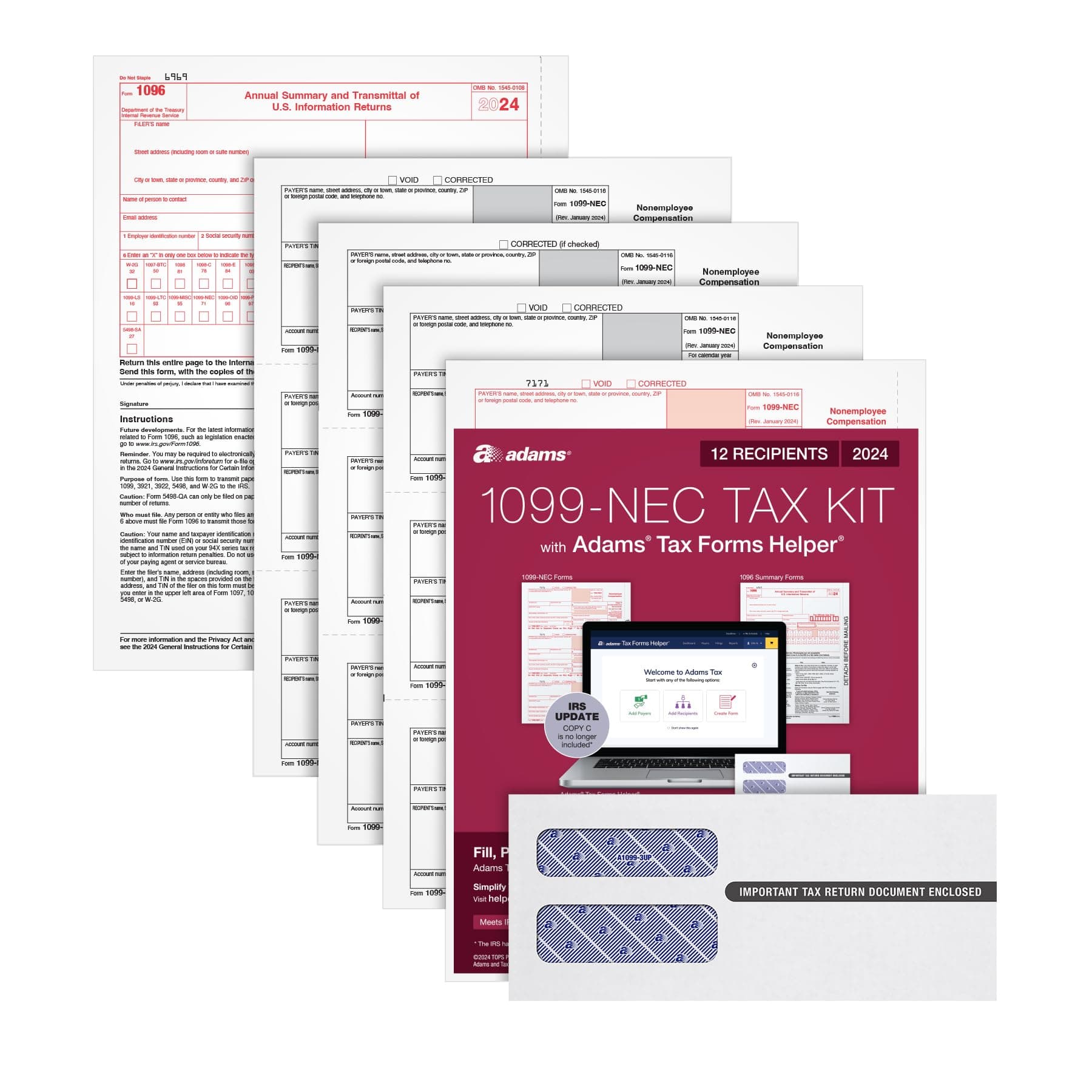 Adams 2024 1099 NEC Kit for 12 Recipients, 4 Part Laser 1099 Forms, 3 1096 Forms, Self Seal Envelopes & Access to Adams Tax Forms Helper (1009316)