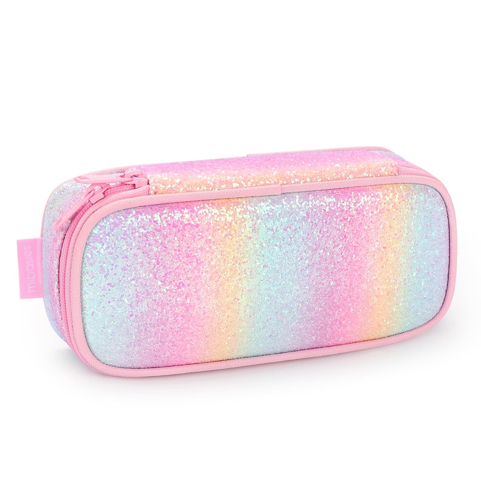 mibasies Girls Pencil Case for Kids, Multi-Slot Pencil Pouch, Pink Blue Rainbow