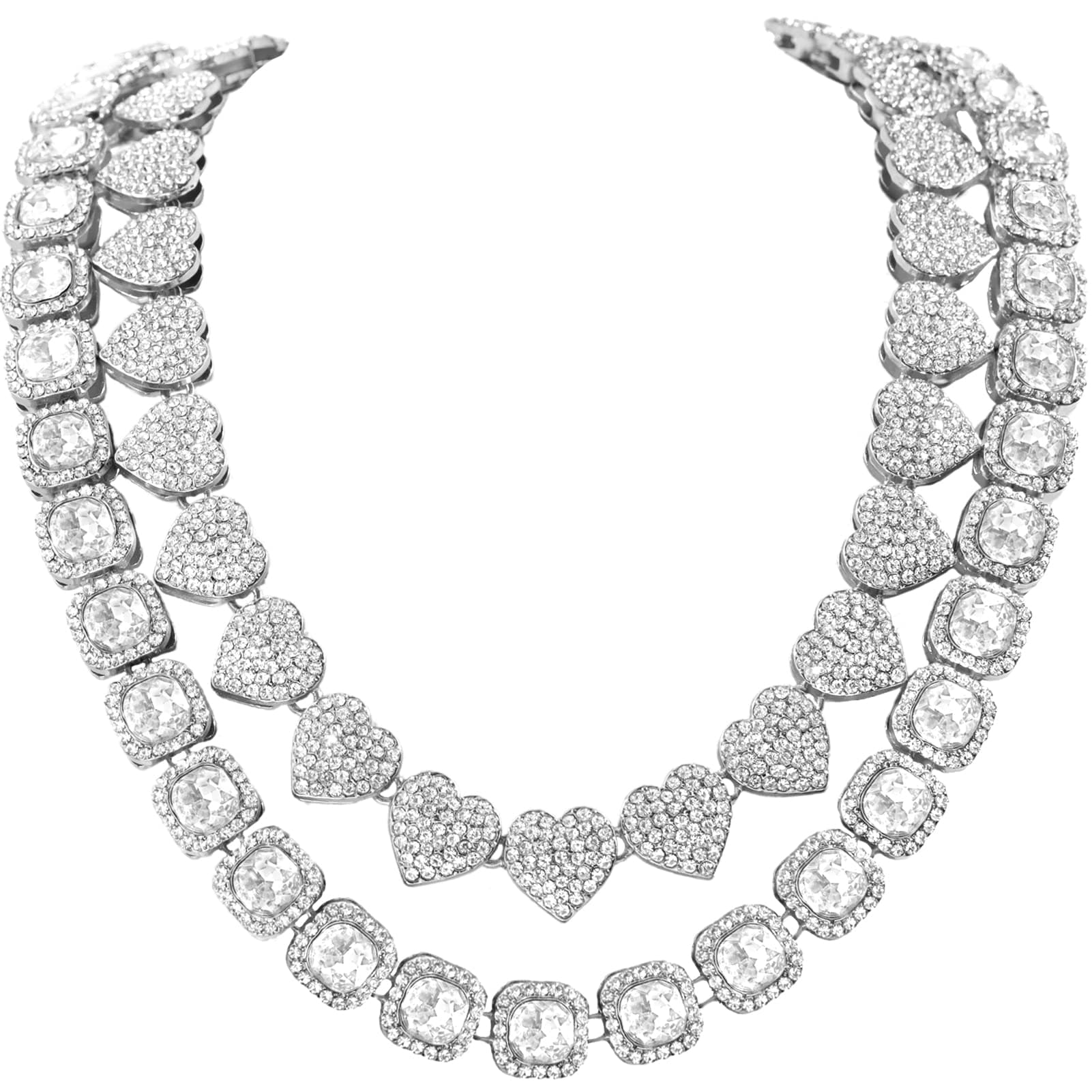 Women's 18+20'' Zinc Necklace, Clustered Diamond Tennis Chain & Heart Necklace Set, Hip Hop Jewelry, Gold, Cuban Link, for Female, Gifts