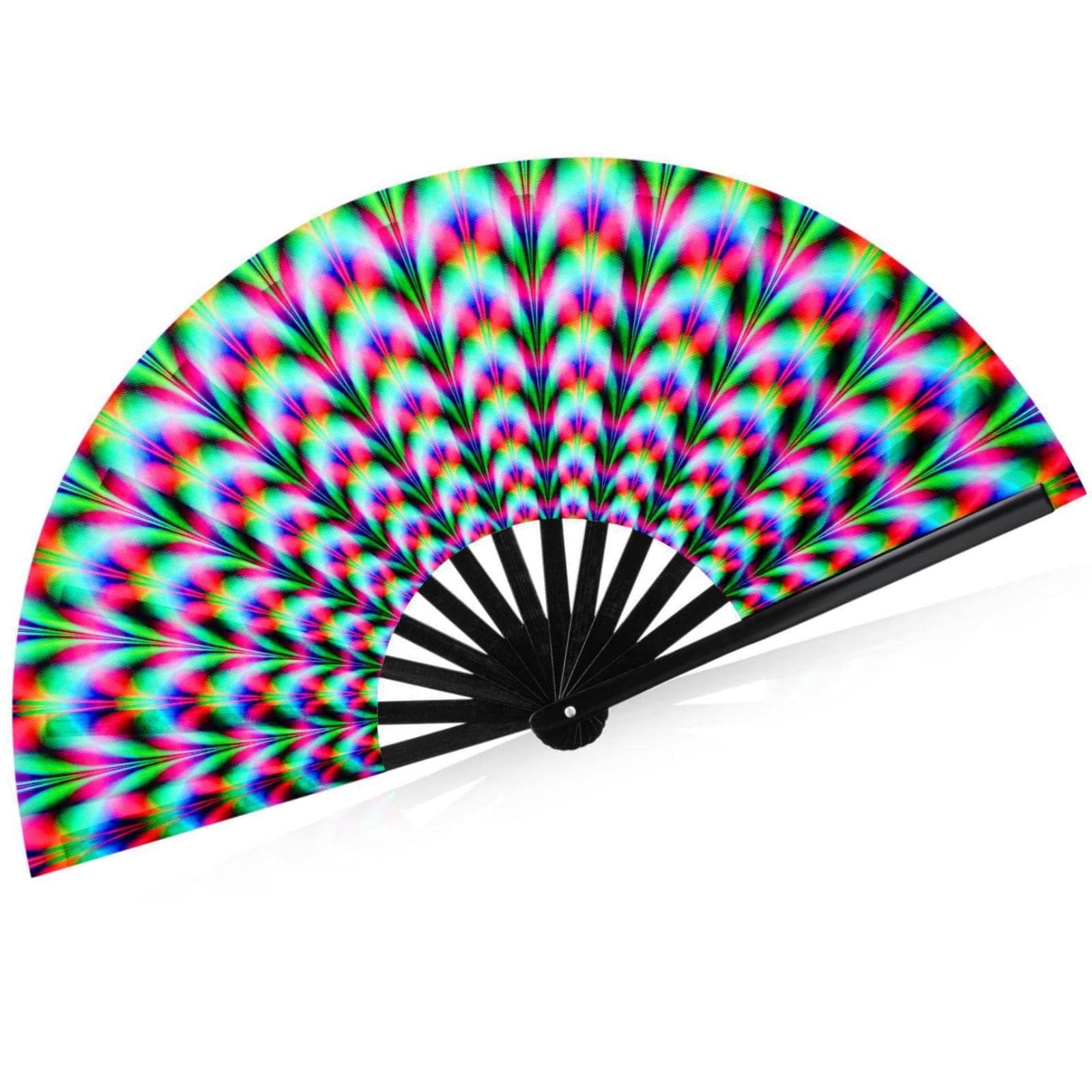 YinkinLarge Rave Fan Folding Hand Fan with Fabric Bag Clack Colorful Holographic Rave Fan for Men Women Bamboo Ribs Decorative Accessories Gifts for Festival Music Dancing Parties