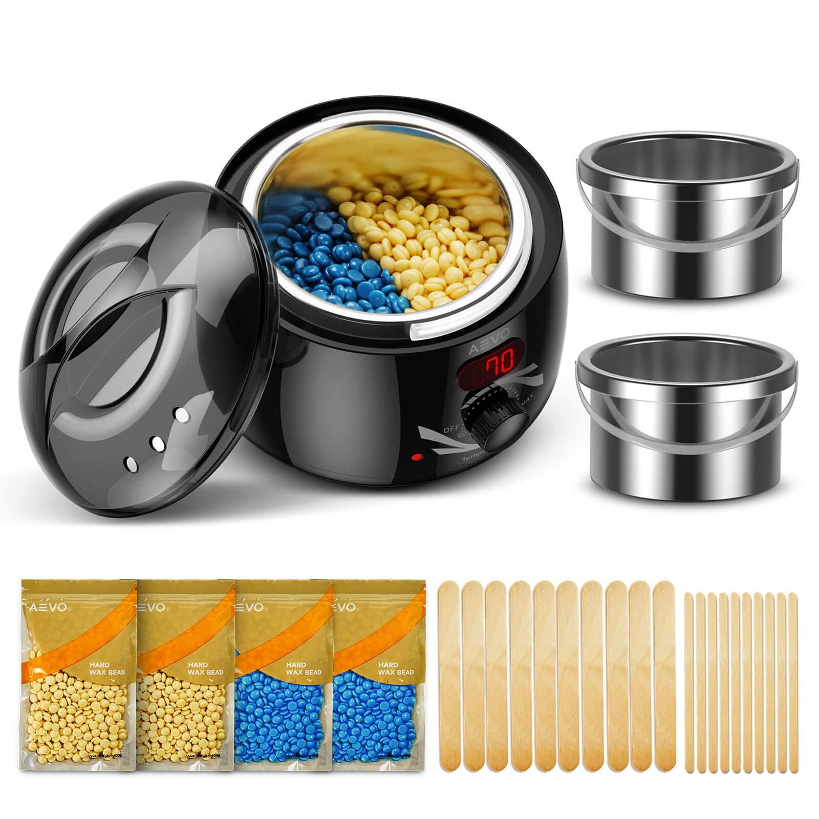 AEVO Waxing Kit for Women & Men, Electric Wax Warmer with 2 Wax Containers for Home, Hair Removal with LED Display, 4 Bags of Painless Hard Wax Beads, 20 Wax Applicators, Body, Bikini, and Face