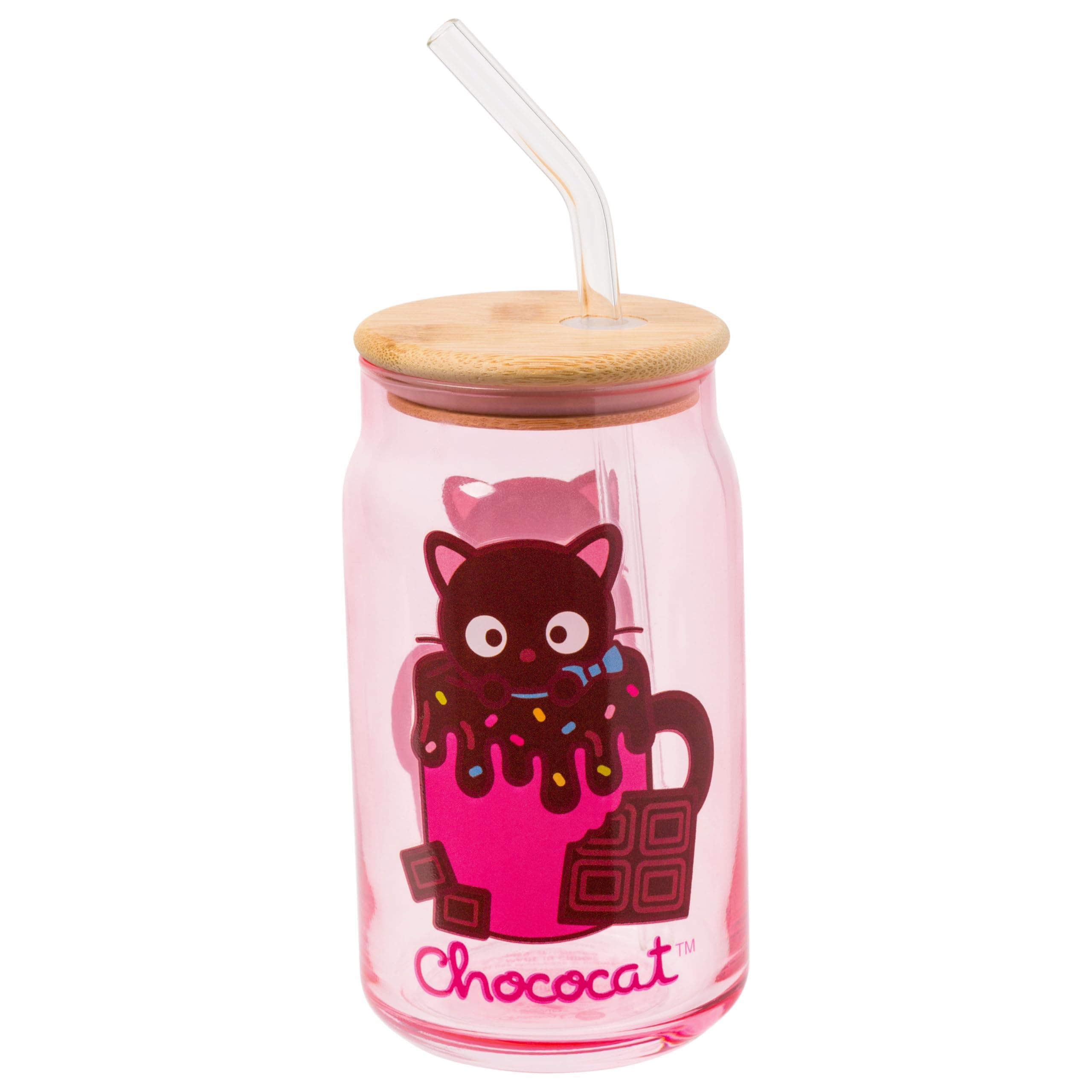 Silver Buffalo Sanrio Hello Kitty & Friends Chococat Chocolate Pink Glass Jar Tumbler with Bamboo Lid and Glass Straw, 16 Ounces